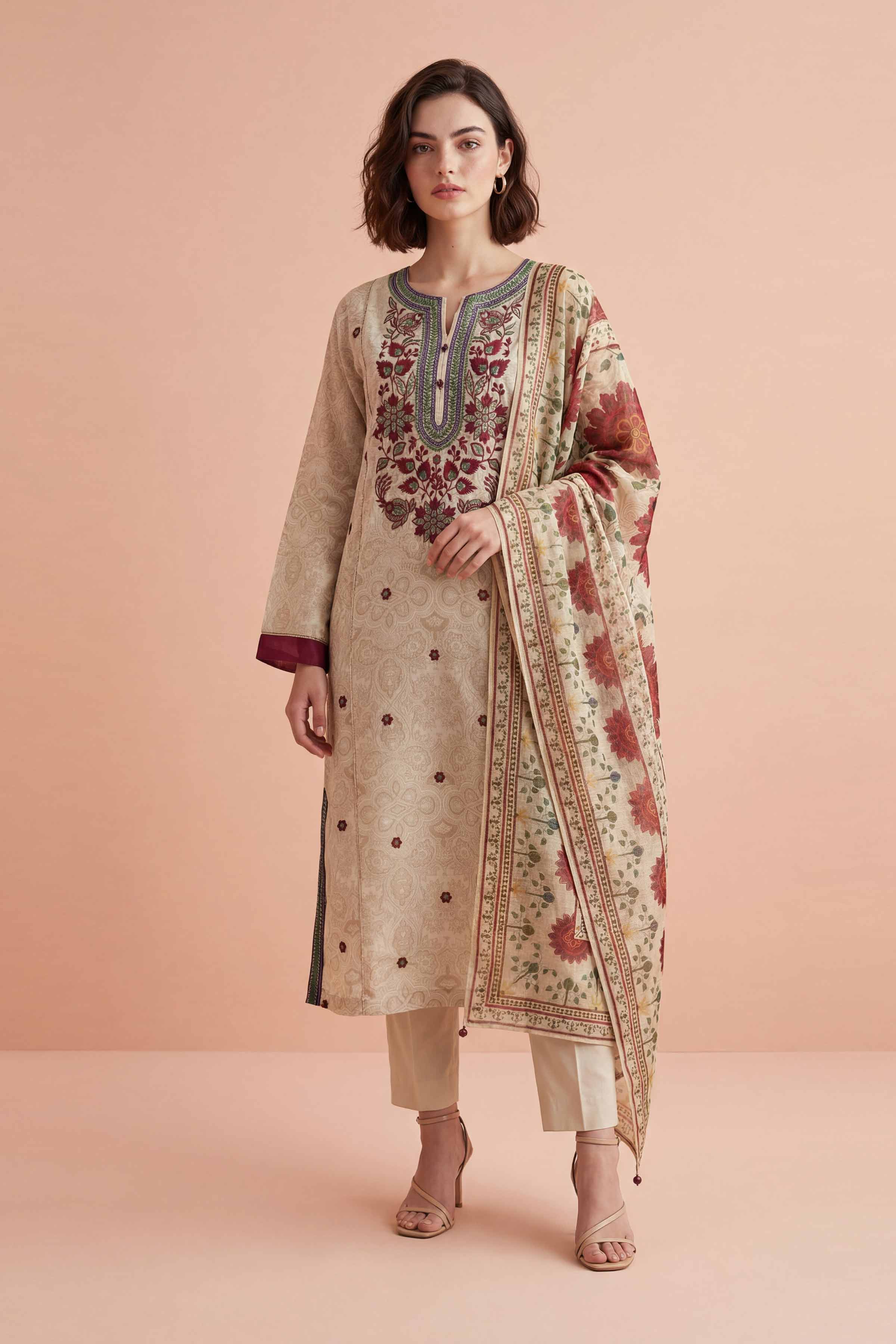 NishatUK - Off White  Embroidered Lawn 3-piece ready to wear Suit