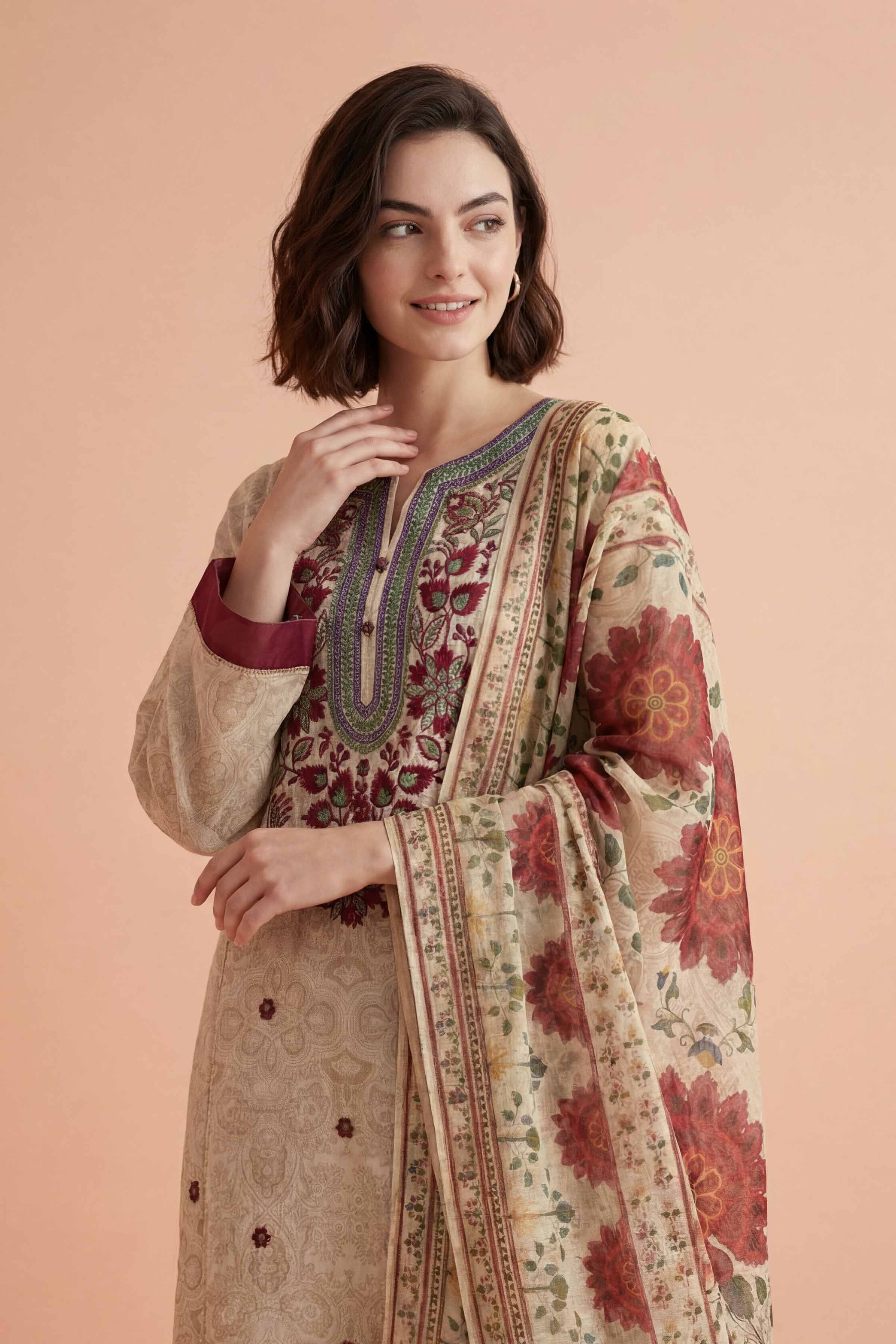 NishatUK - Off White  Embroidered Lawn 3-piece ready to wear Suit