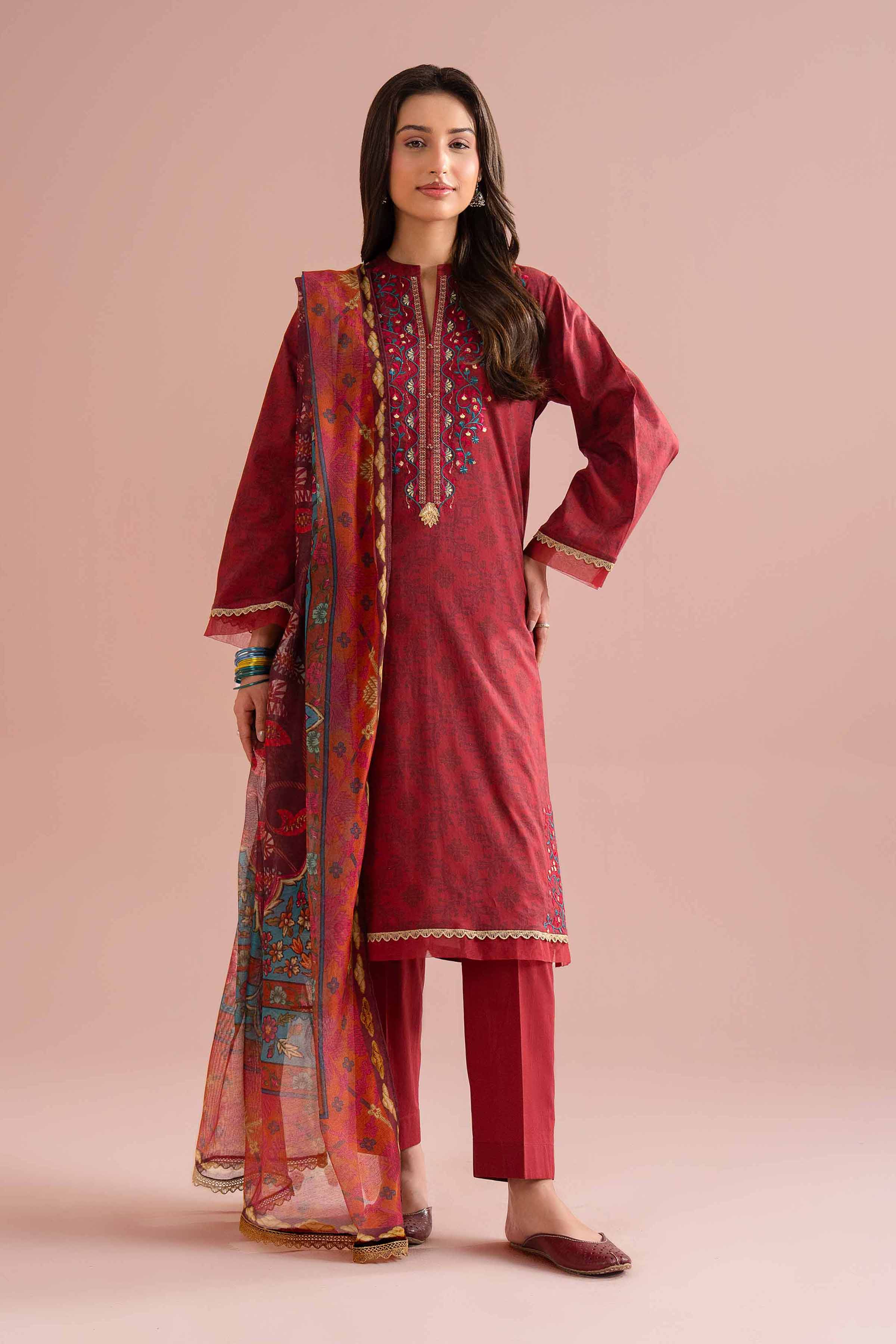 NishatUK - Red Embroidered Lawn 3-piece ready to wear Suit