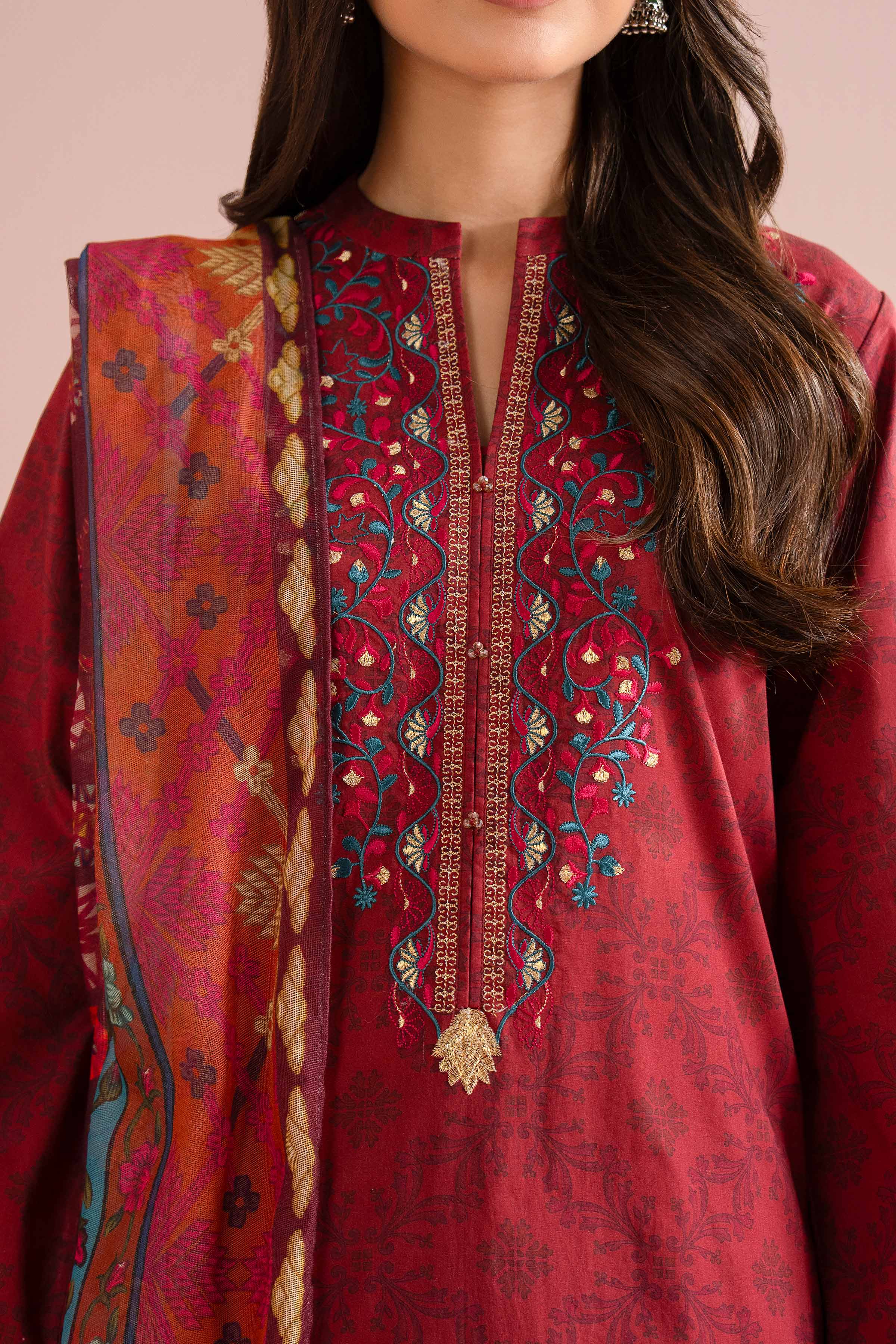NishatUK - Red Embroidered Lawn 3-piece ready to wear Suit