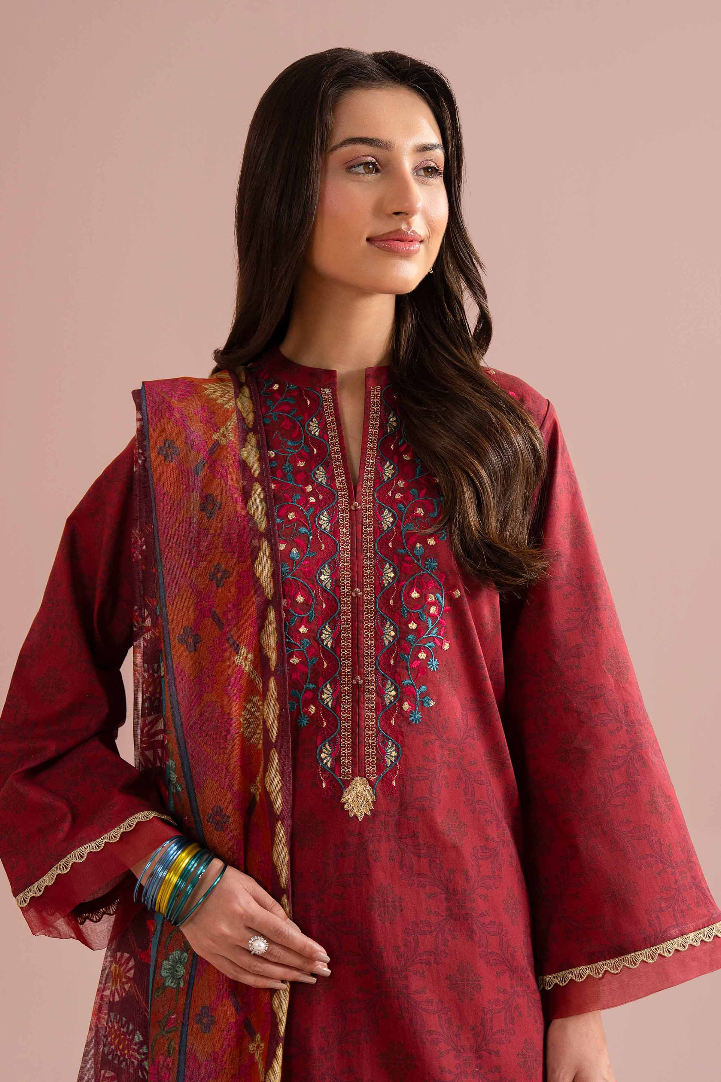 NishatUK - Red Embroidered Lawn 3-piece ready to wear Suit