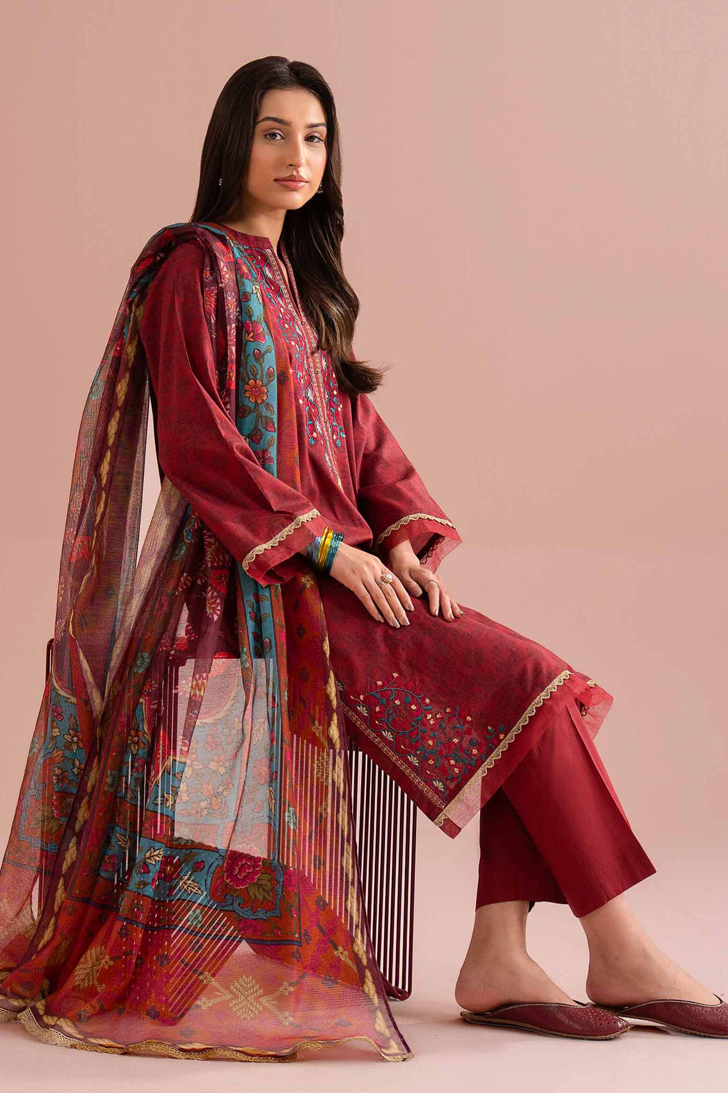 NishatUK - Red Embroidered Lawn 3-piece ready to wear Suit