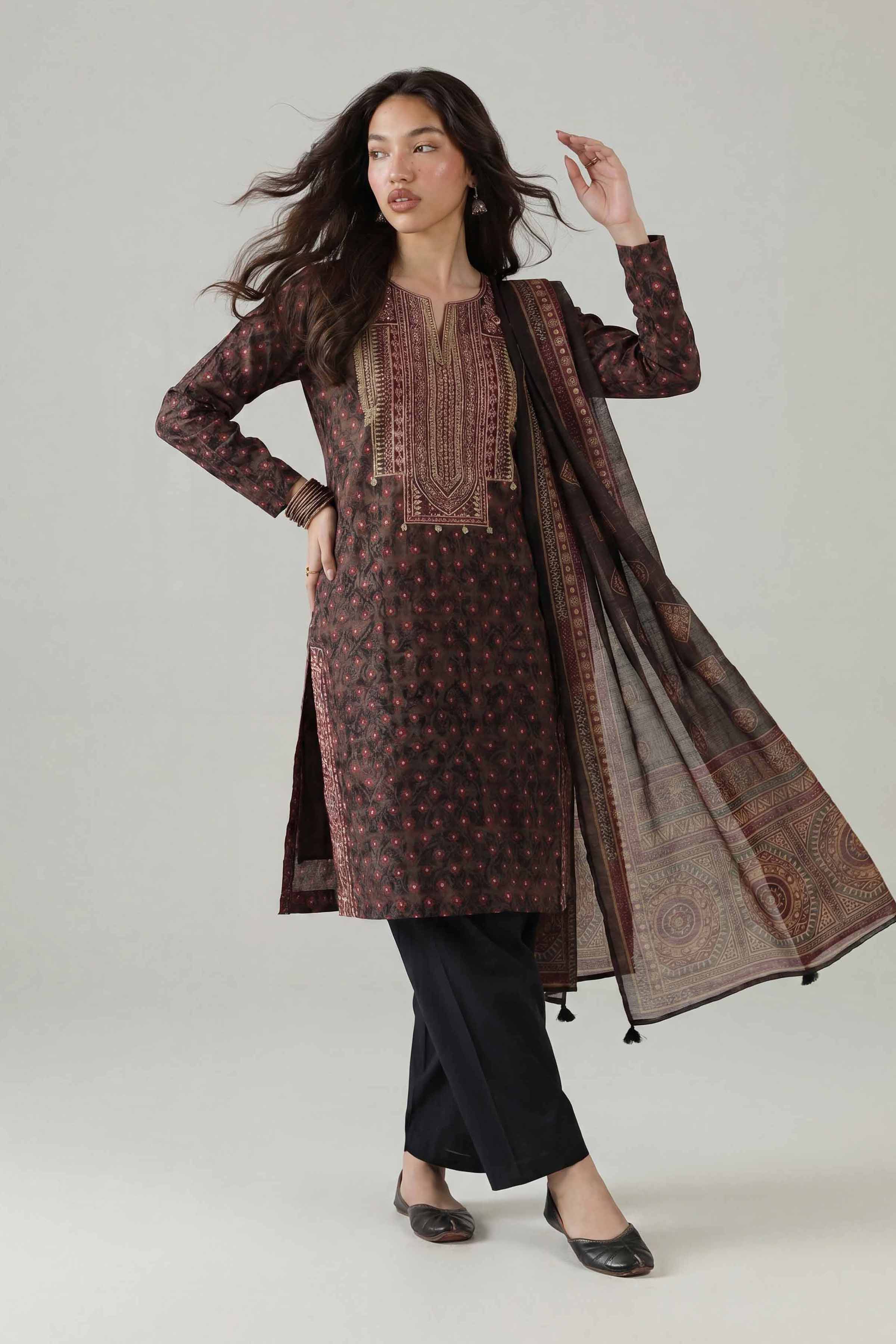 Nishat UK - Black Embroidered Lawn 3 Pieces ready to wear Suit