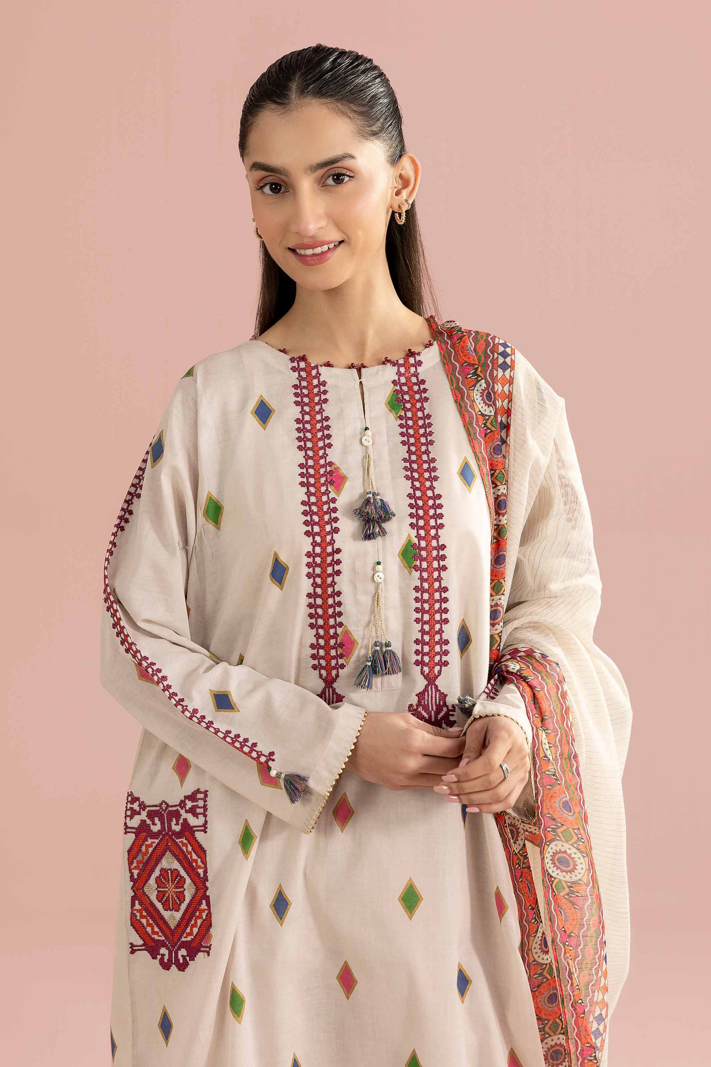 NishatUK - Beige Embroidered Lawn  ready to wear Suit