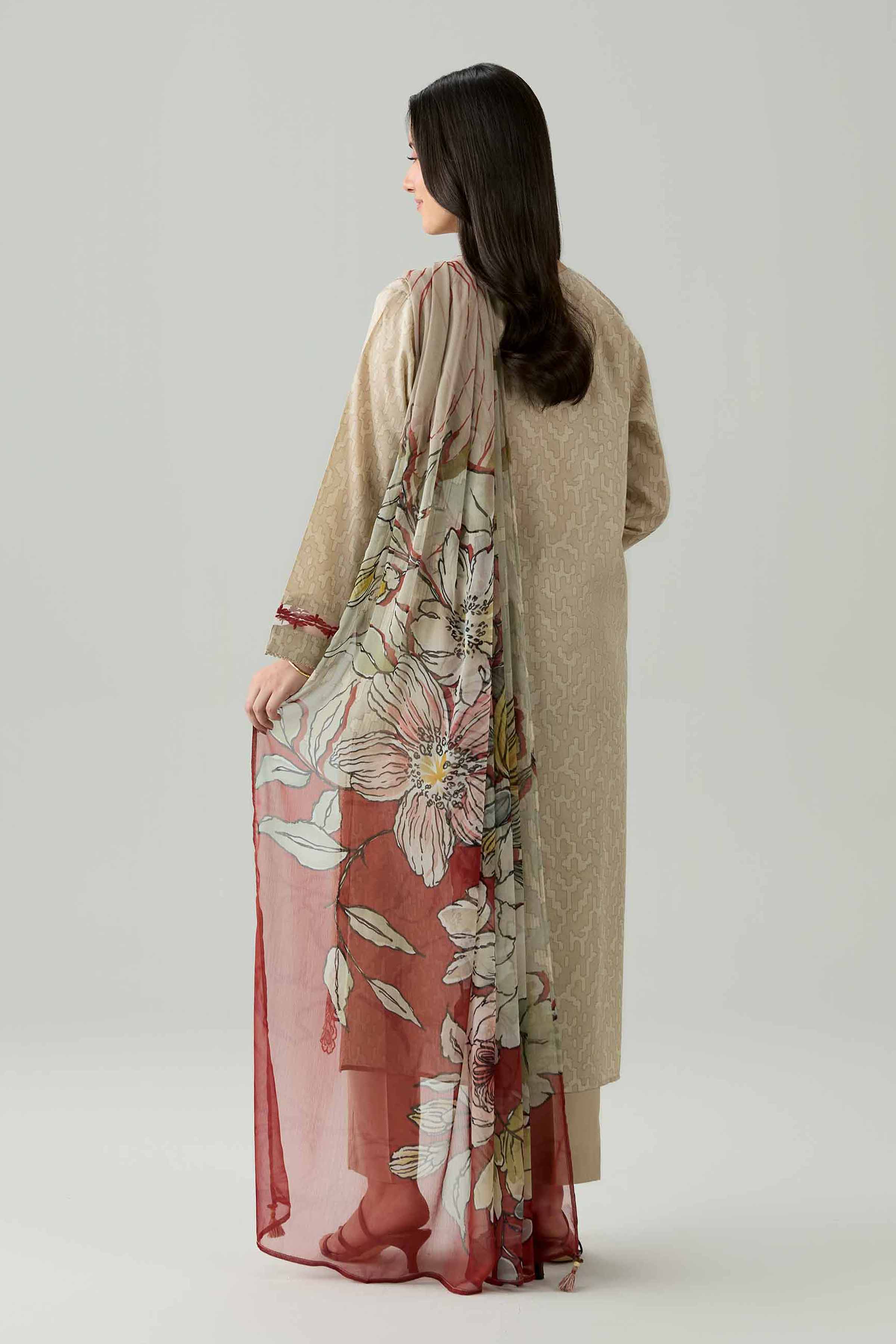 Nishat UK - Beige Embroidered Lawn 3 Pieces ready to wear Suit