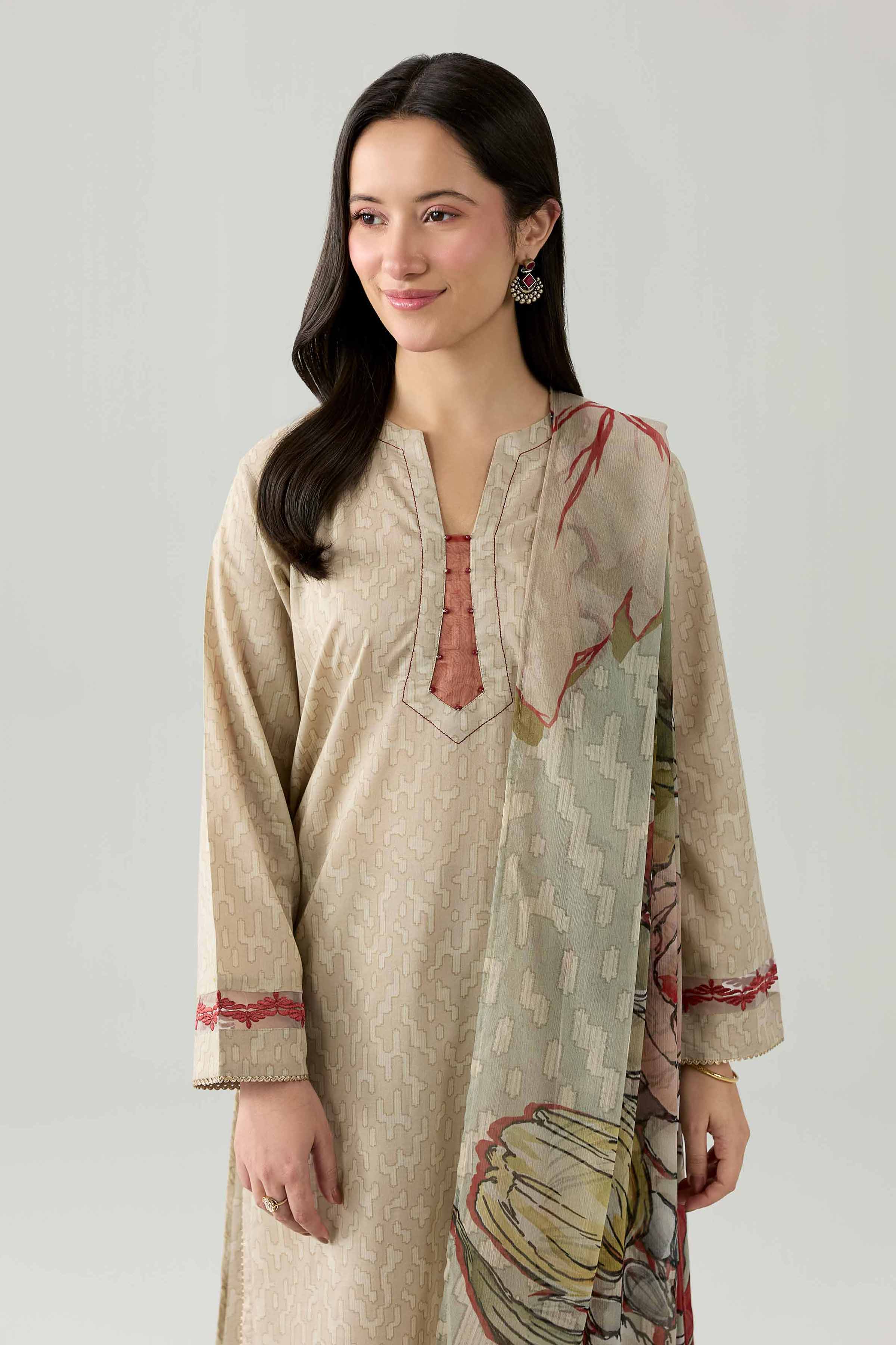 Nishat UK - Beige Embroidered Lawn 3 Pieces ready to wear Suit