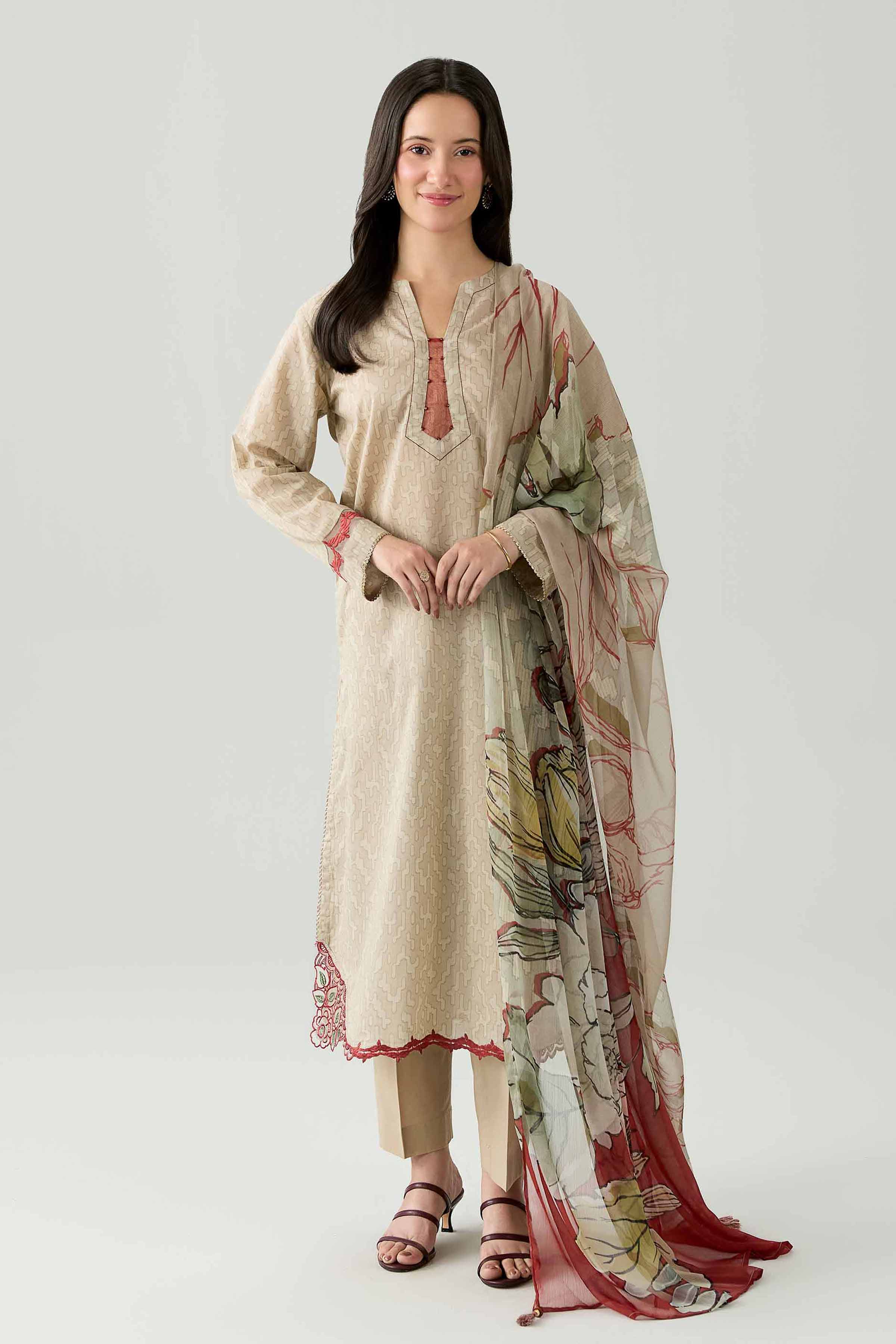 Nishat UK - Beige Embroidered Lawn 3 Pieces ready to wear Suit