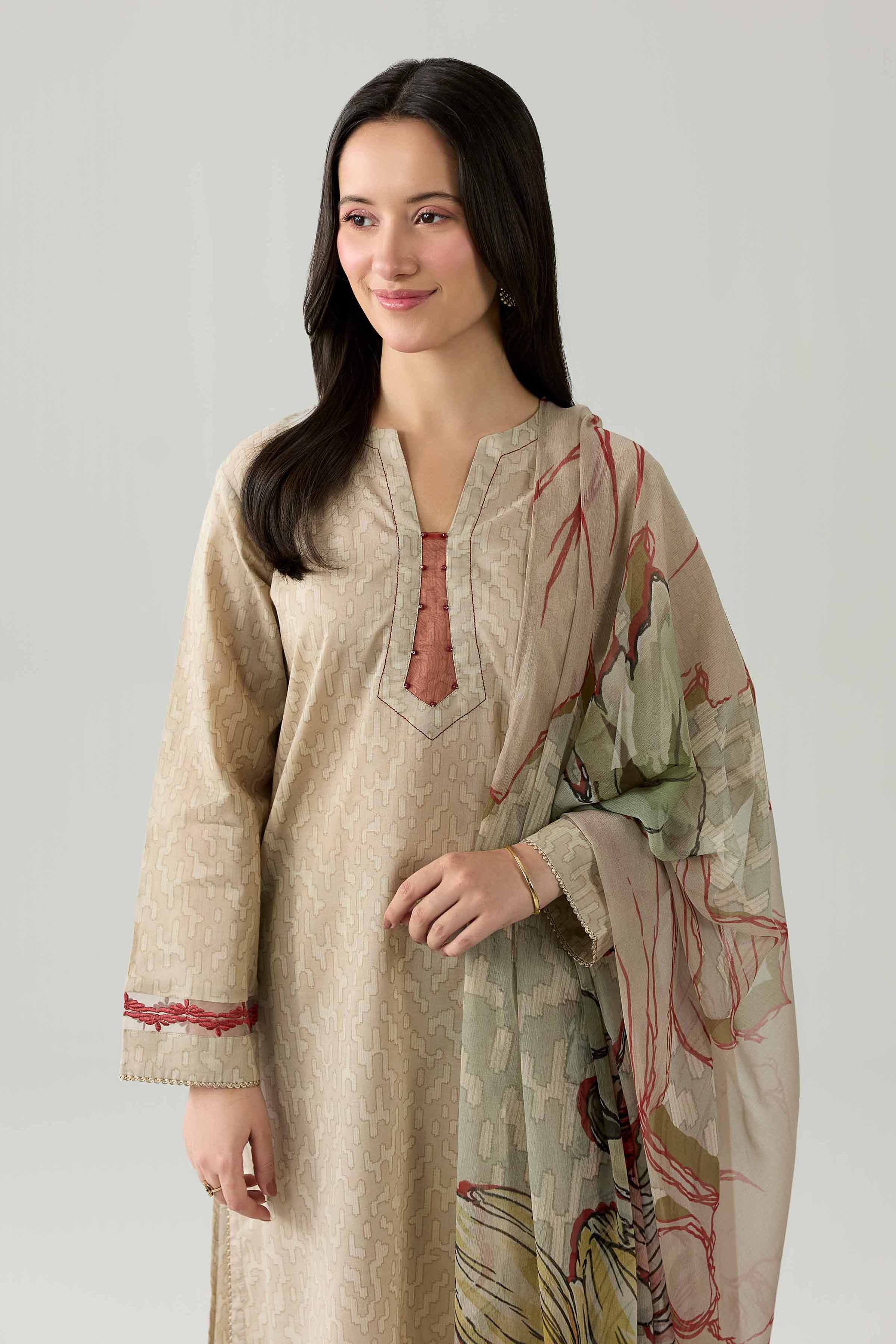Nishat UK - Beige Embroidered Lawn 3 Pieces ready to wear Suit