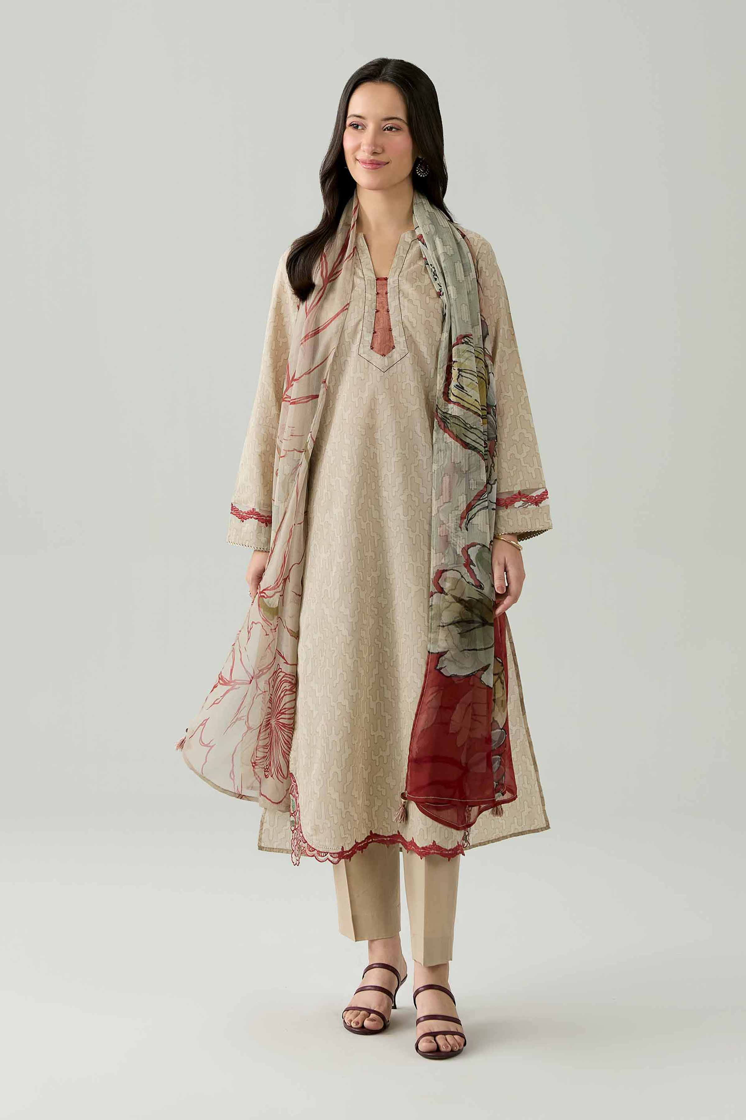 Nishat UK - Beige Embroidered Lawn 3 Pieces ready to wear Suit