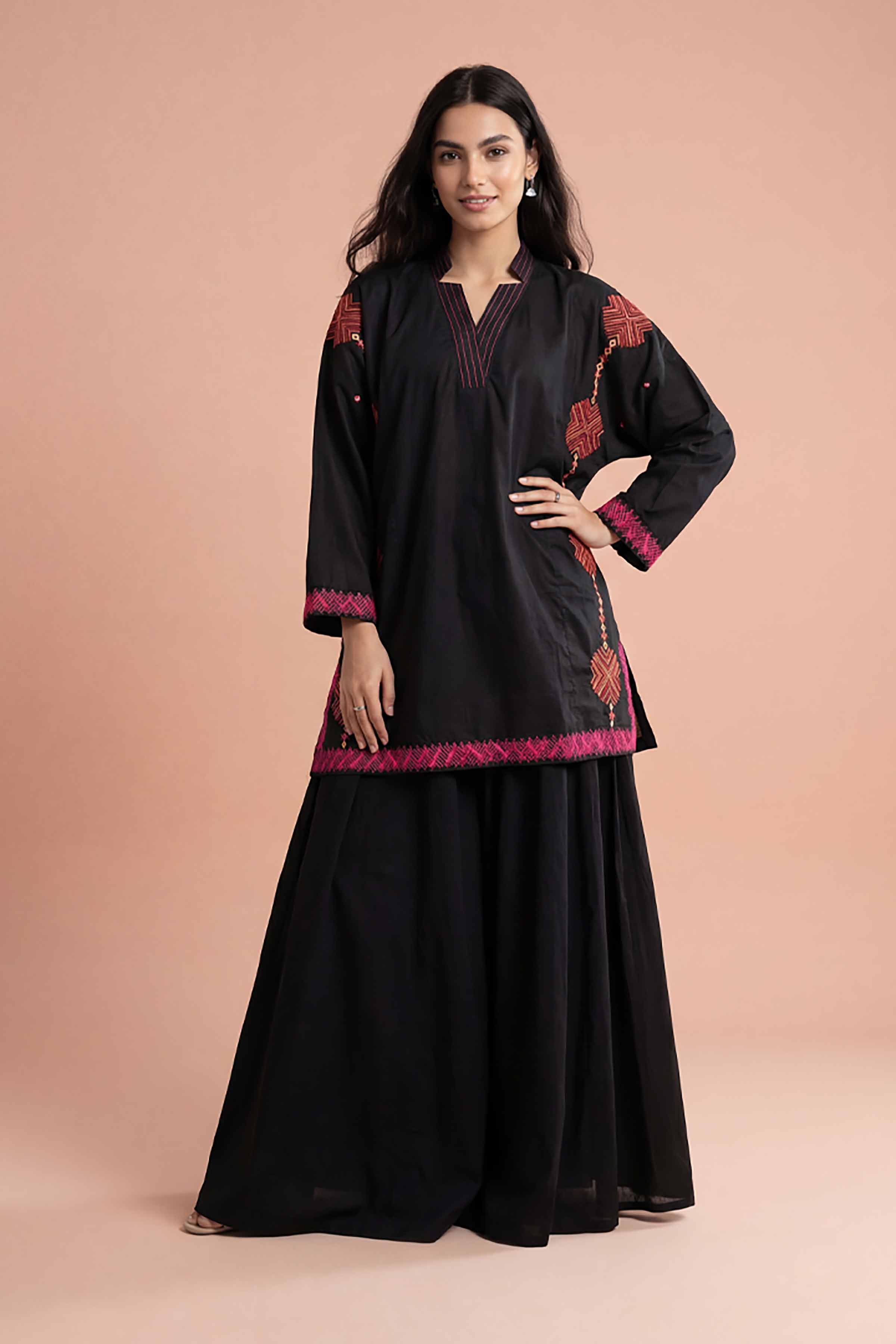 NishatUK - Black Embroidered Cambric 1-piece ready to wear kurta