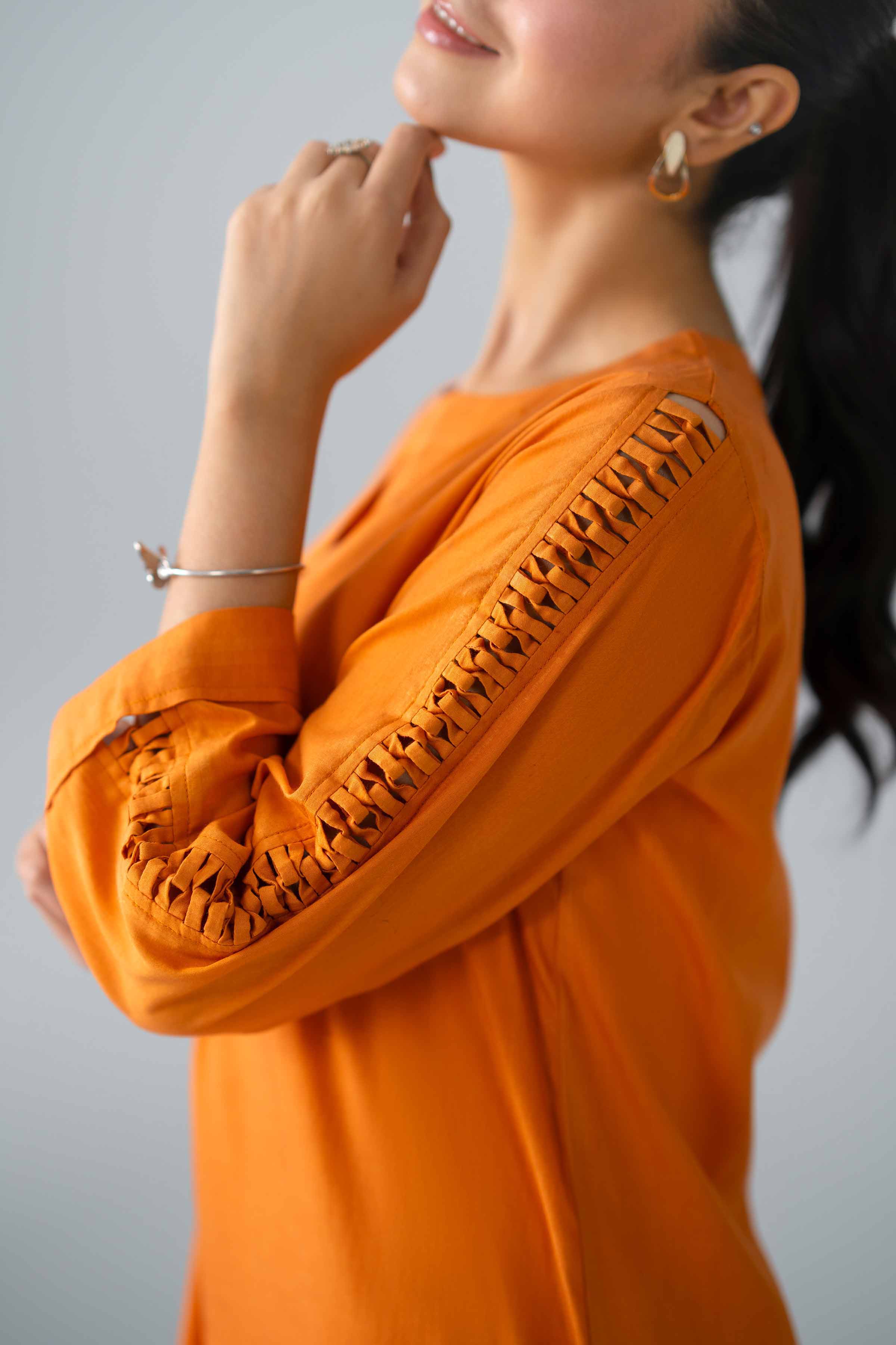 Nishat UK - Orange Embroidered Cotton 1 Piece ready to wear Shirt