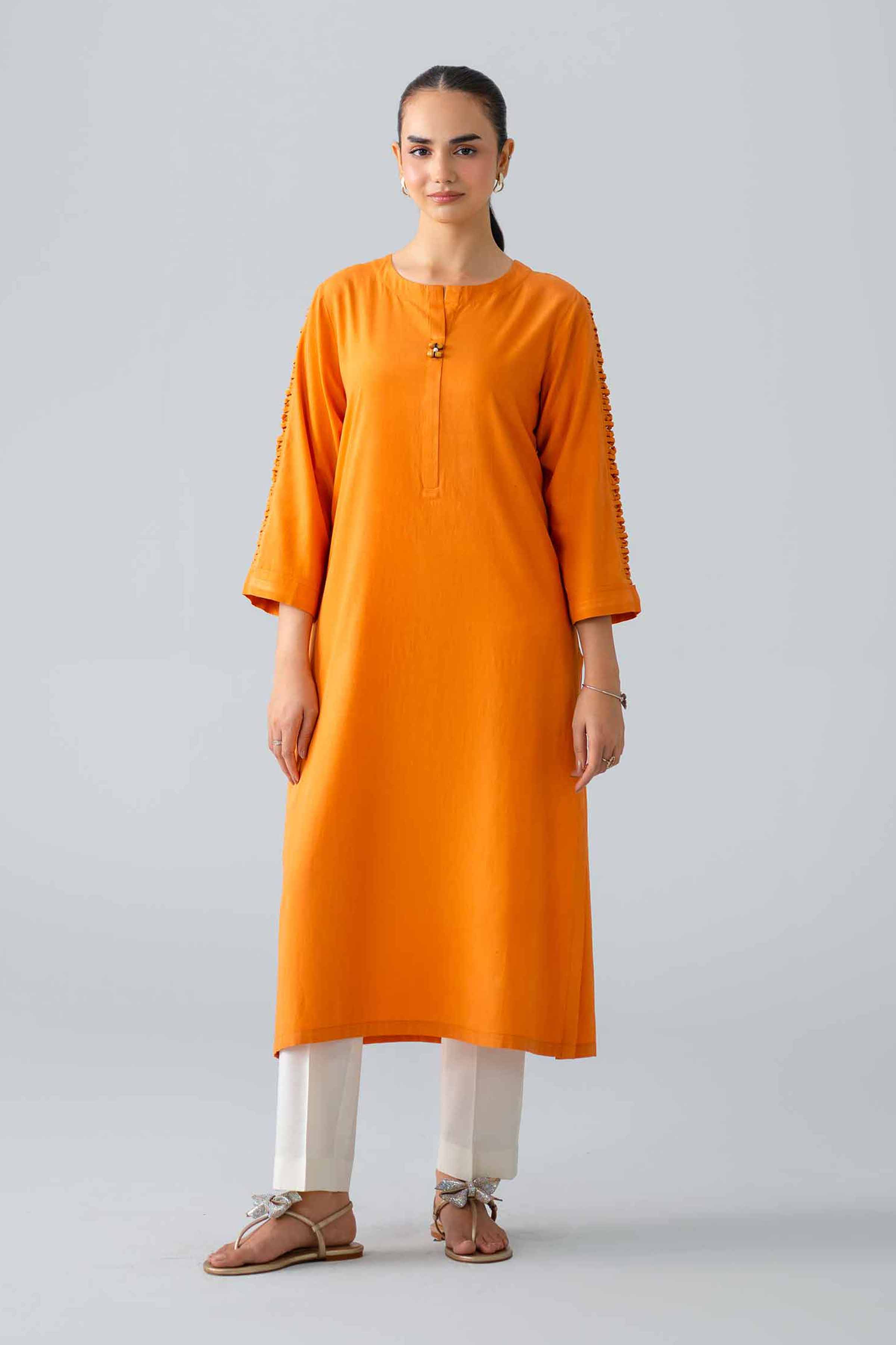 Nishat UK - Orange Embroidered Cotton 1 Piece ready to wear Shirt