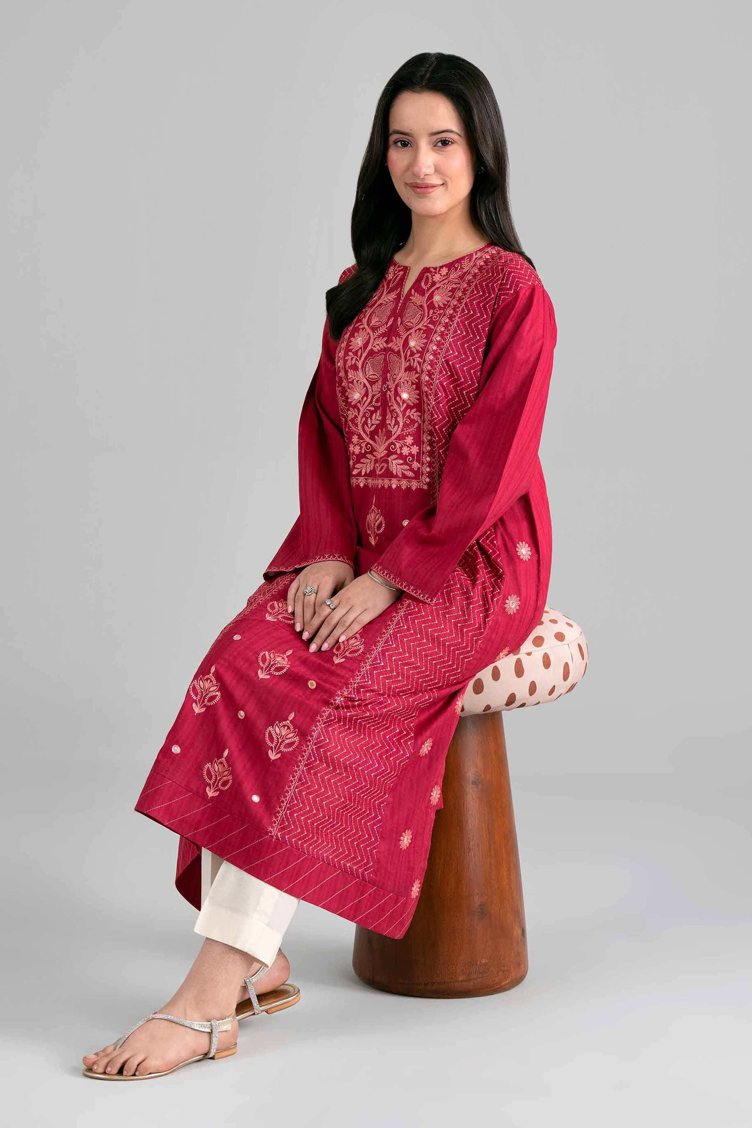 Nishat UK - Red Embroidered Dobby 1-piece ready to wear Shirt