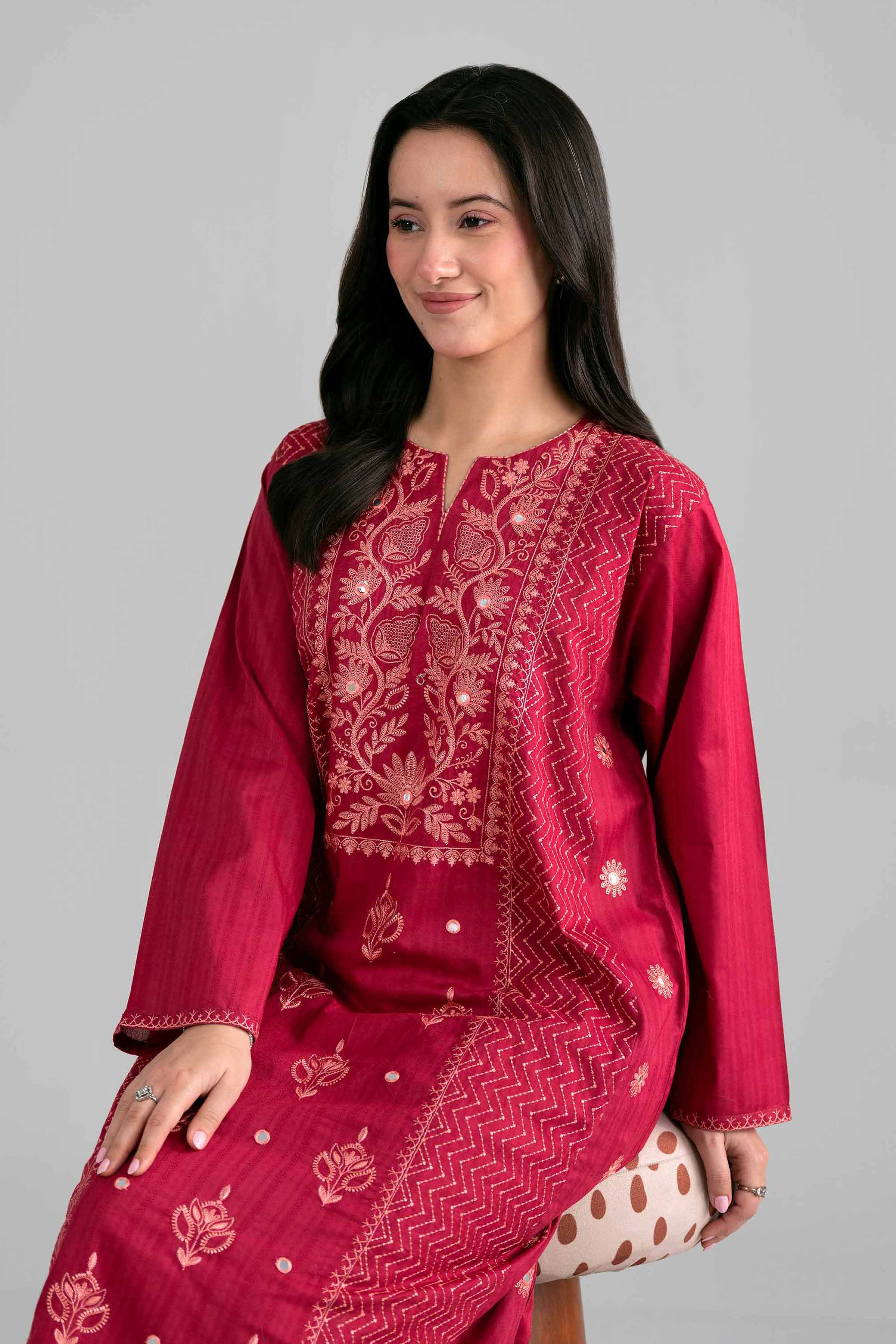 Nishat UK - Red Embroidered Dobby 1-piece ready to wear Shirt