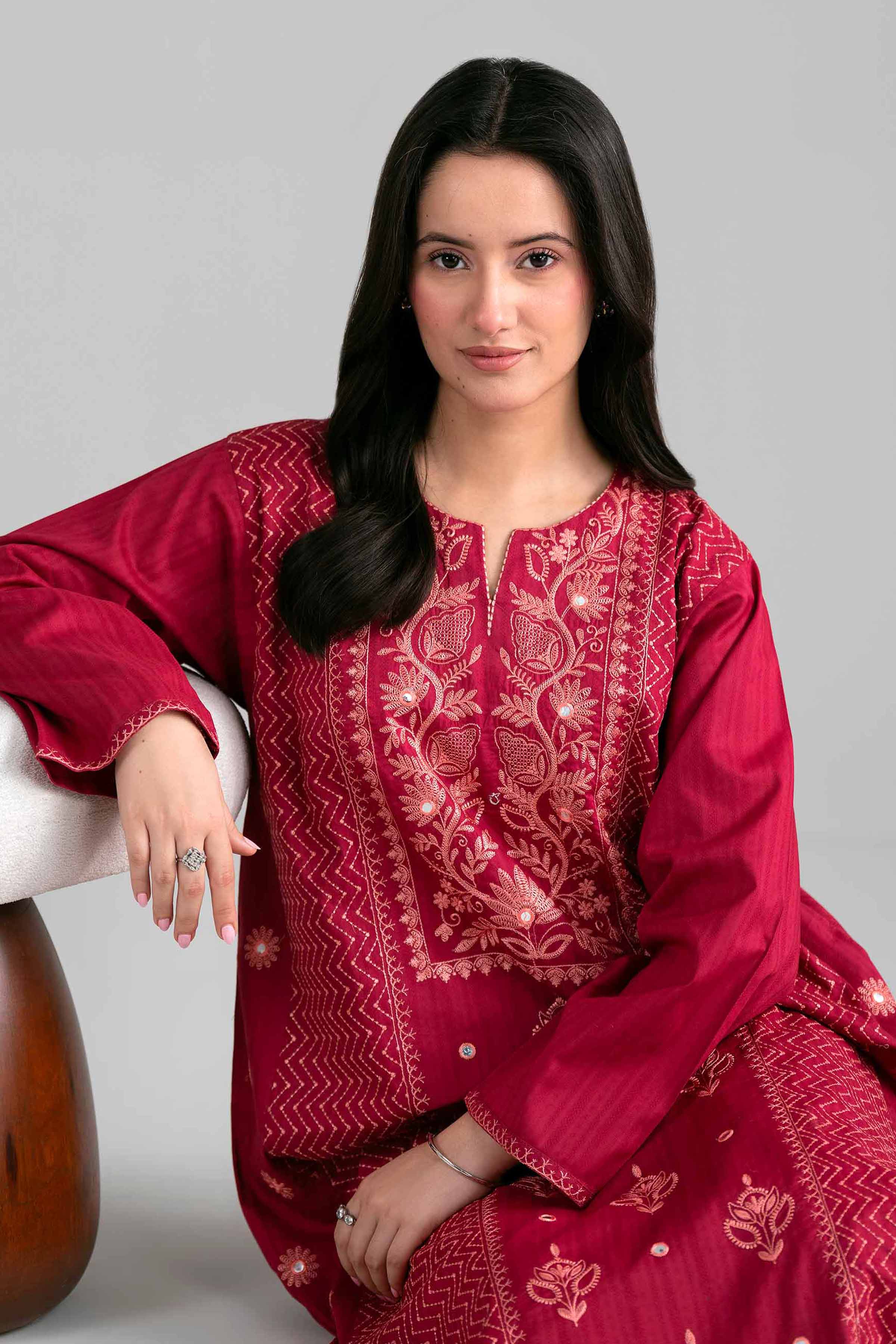 Nishat UK - Red Embroidered Dobby 1-piece ready to wear Shirt