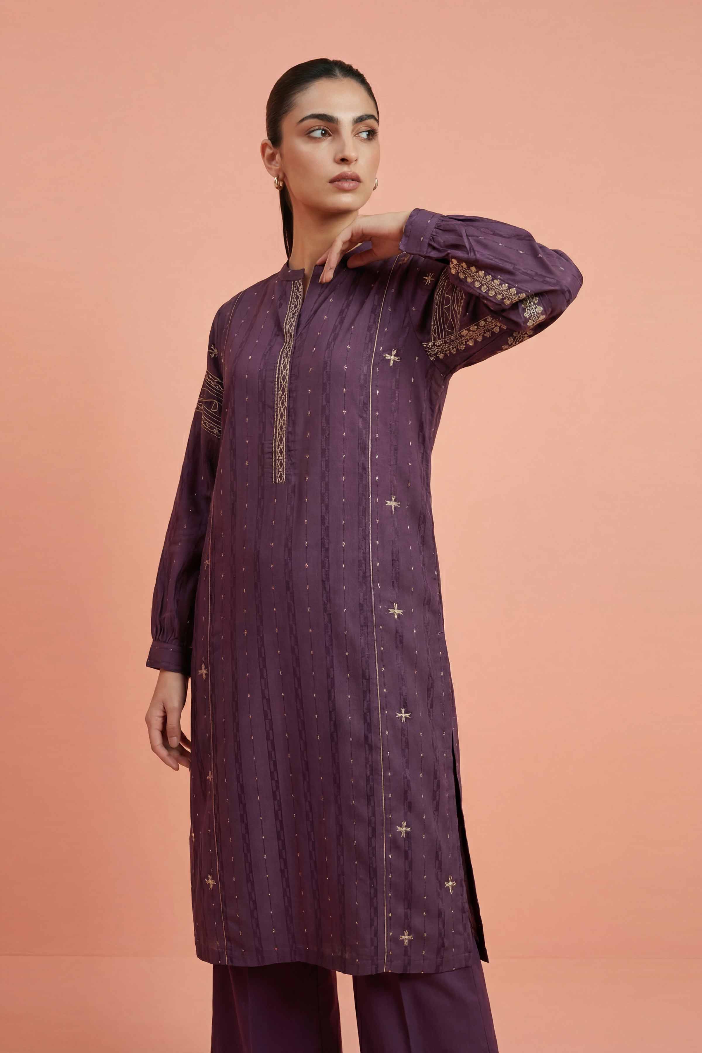 Nishat UK - Purple Embroidered Fancy Stripe 2-piece ready to wear Dress