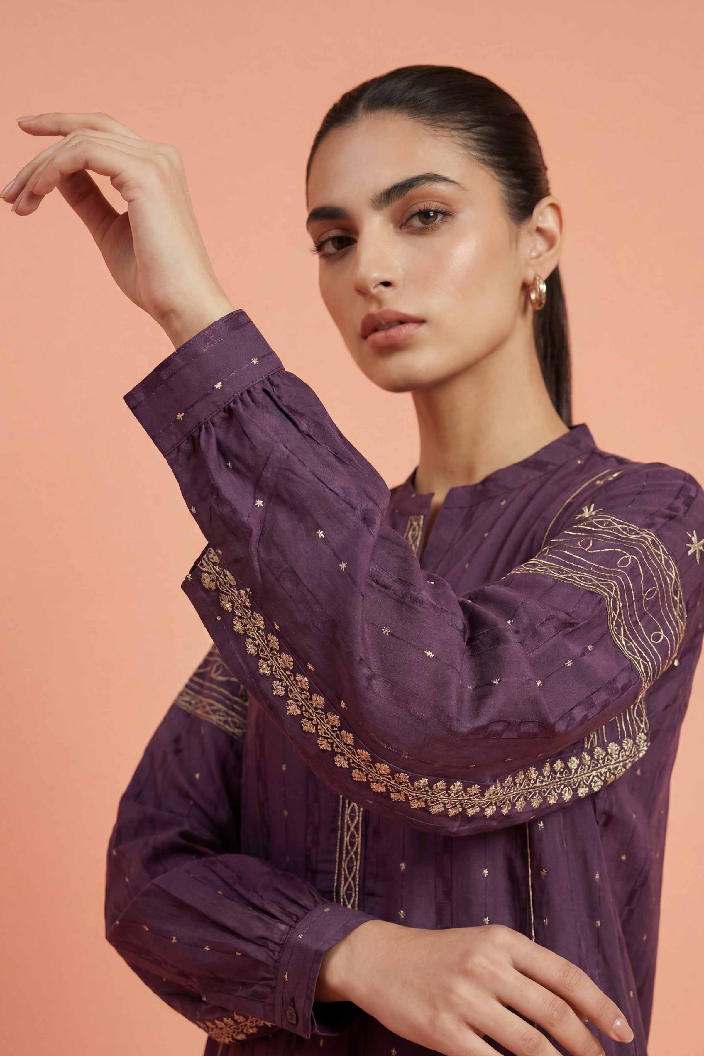 Nishat UK - Purple Embroidered Fancy Stripe 2-piece ready to wear Dress