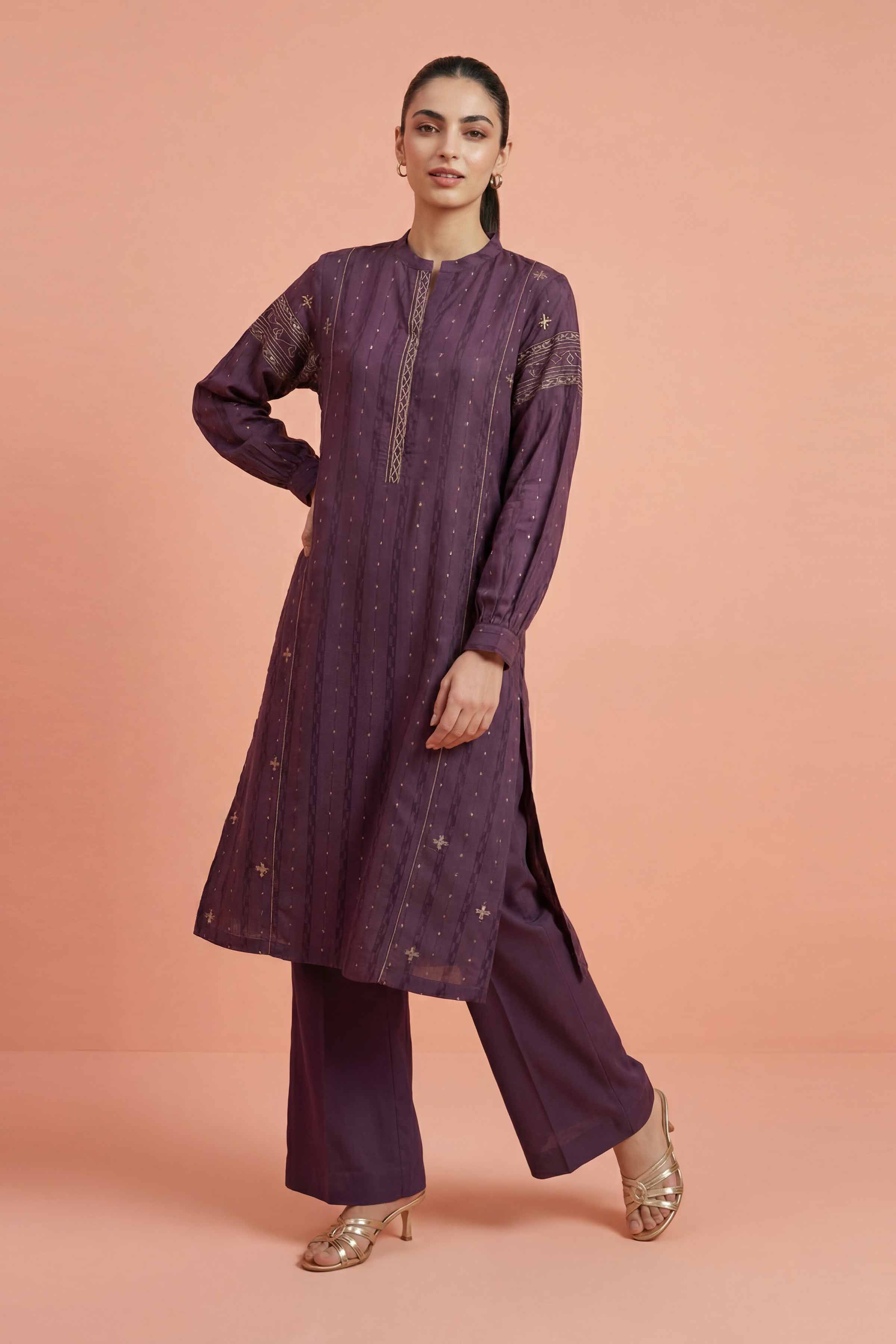 Nishat UK - Purple Embroidered Fancy Stripe 2-piece ready to wear Dress
