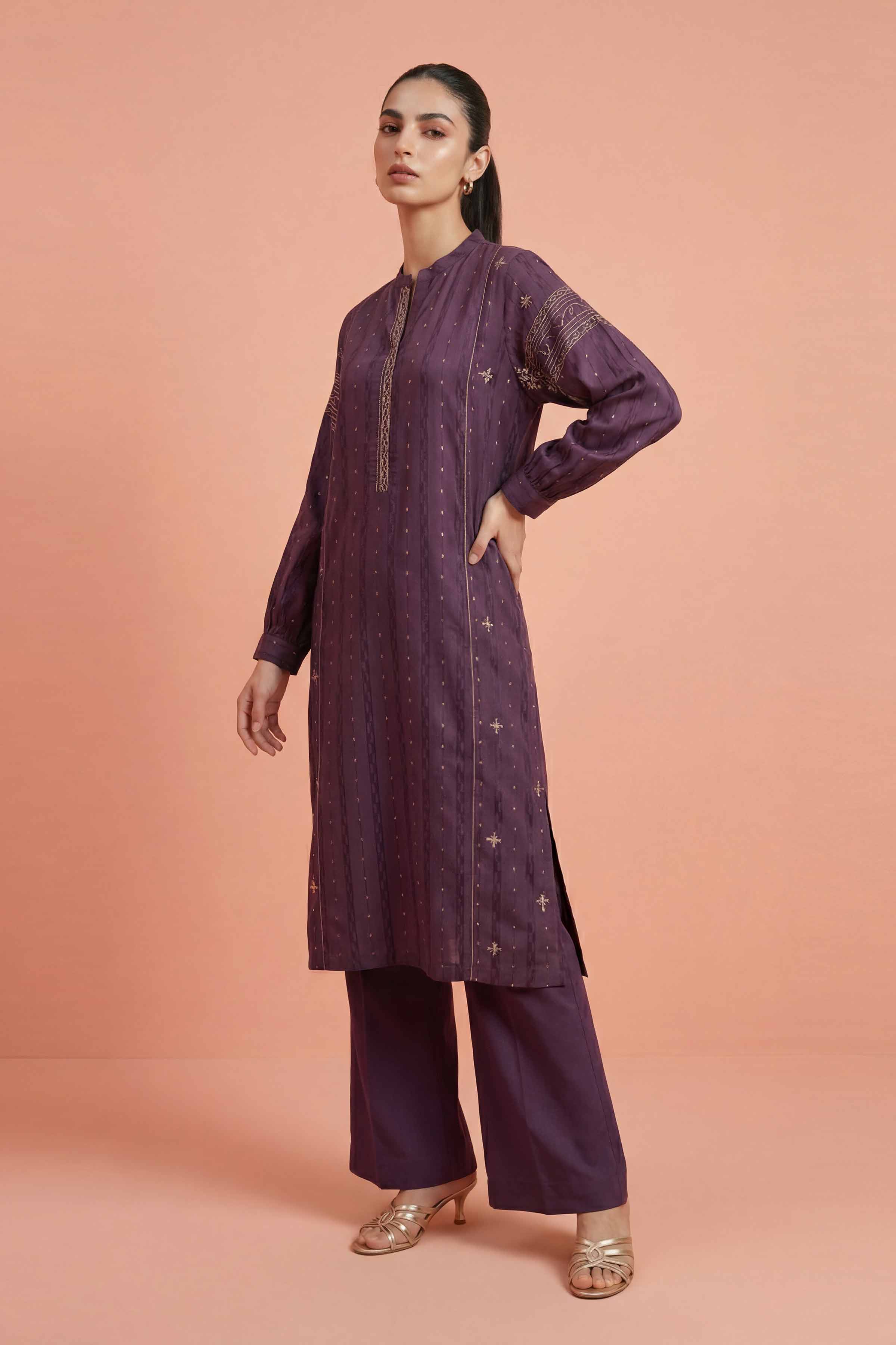 Nishat UK - Purple Embroidered Fancy Stripe 2-piece ready to wear Dress