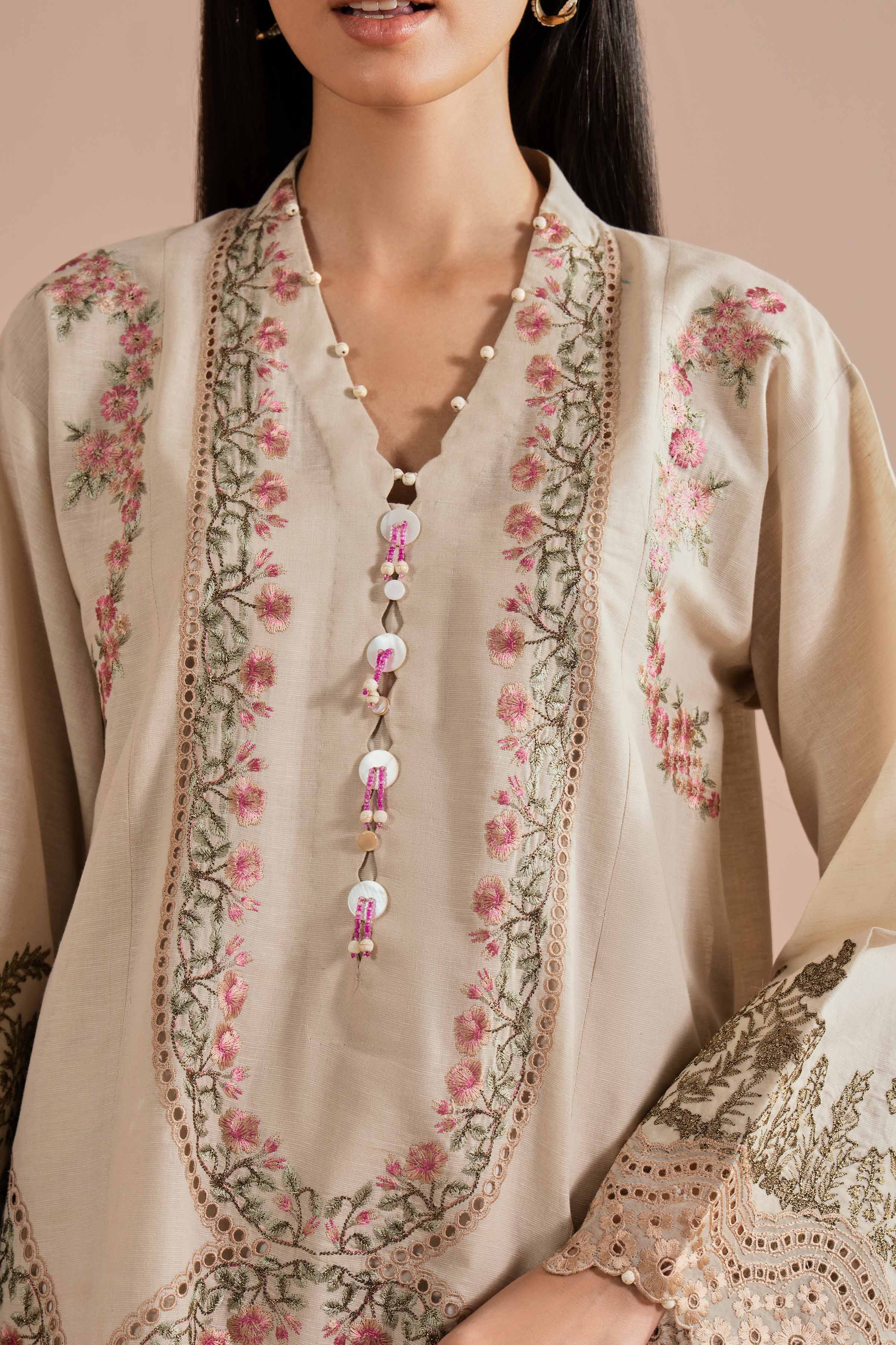 Nishat UK - Beige Embroidered Linen 2-piece ready to wear Dress