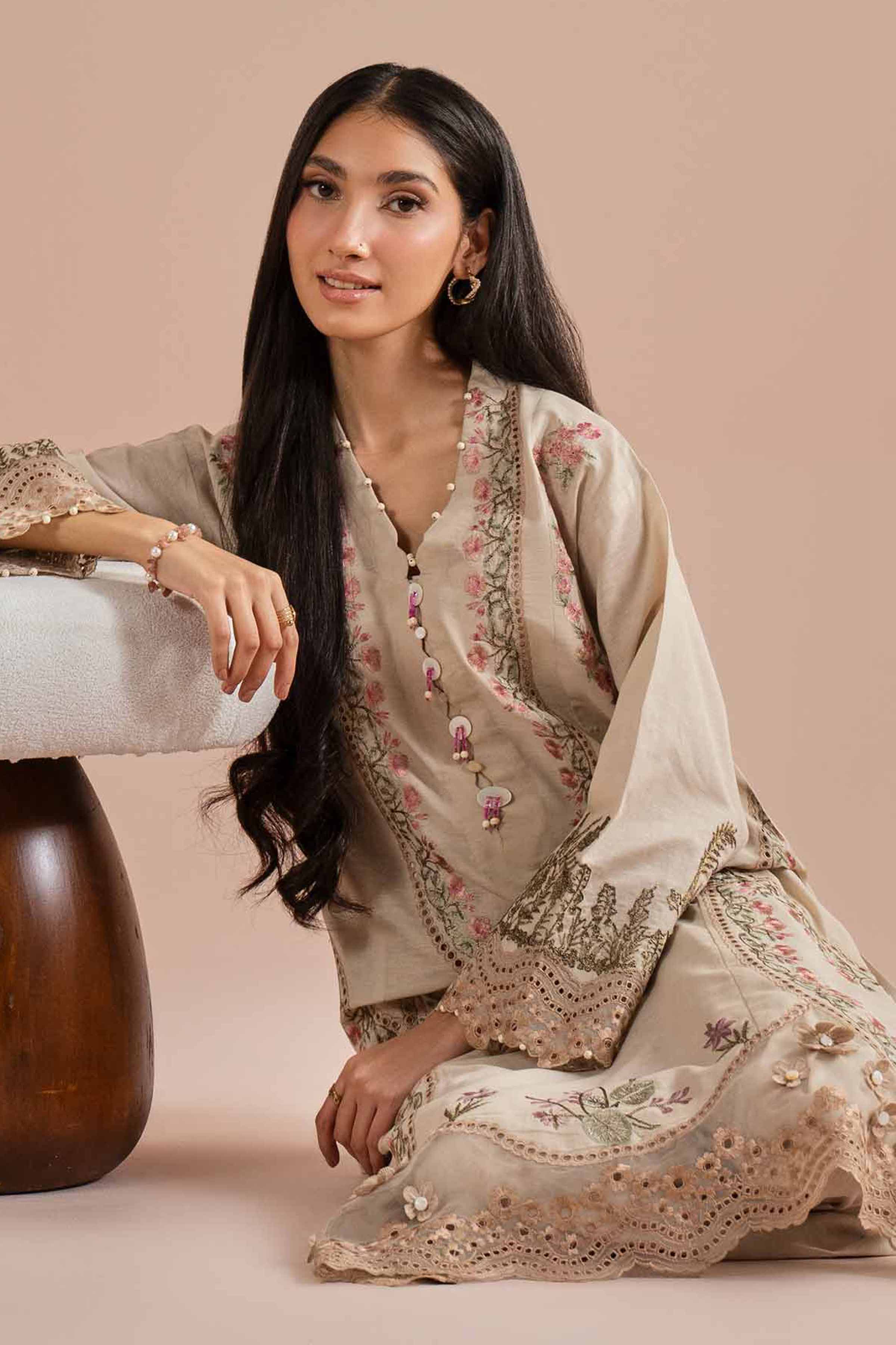 Nishat UK - Beige Embroidered Linen 2-piece ready to wear Dress