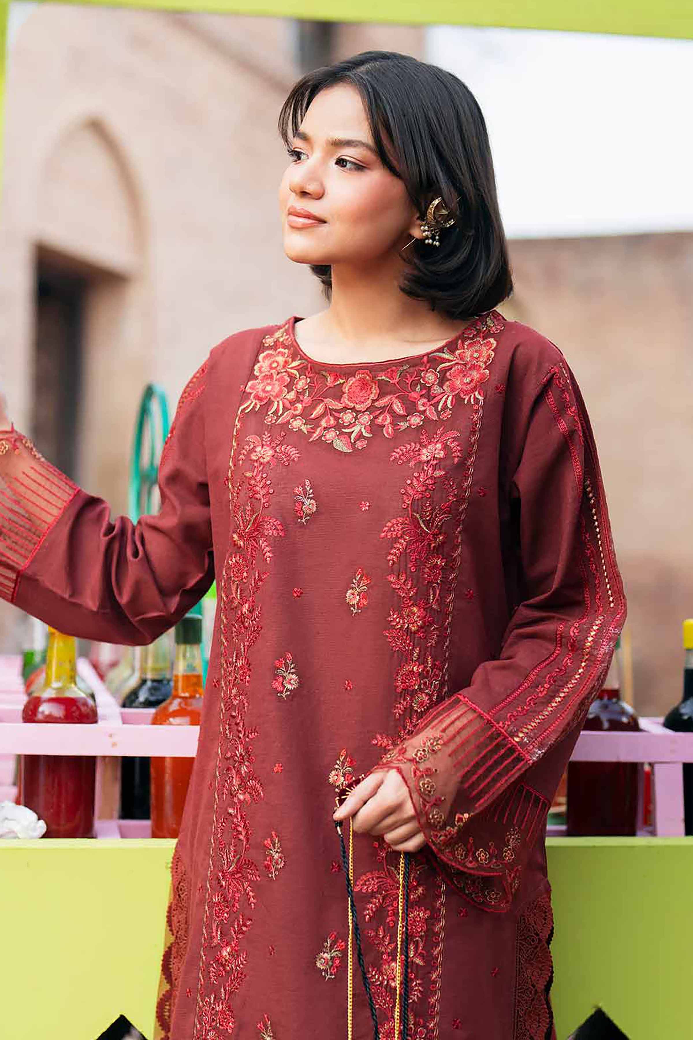 NishatUK - Red Embroidered Linen 2-piece ready to wear Dress