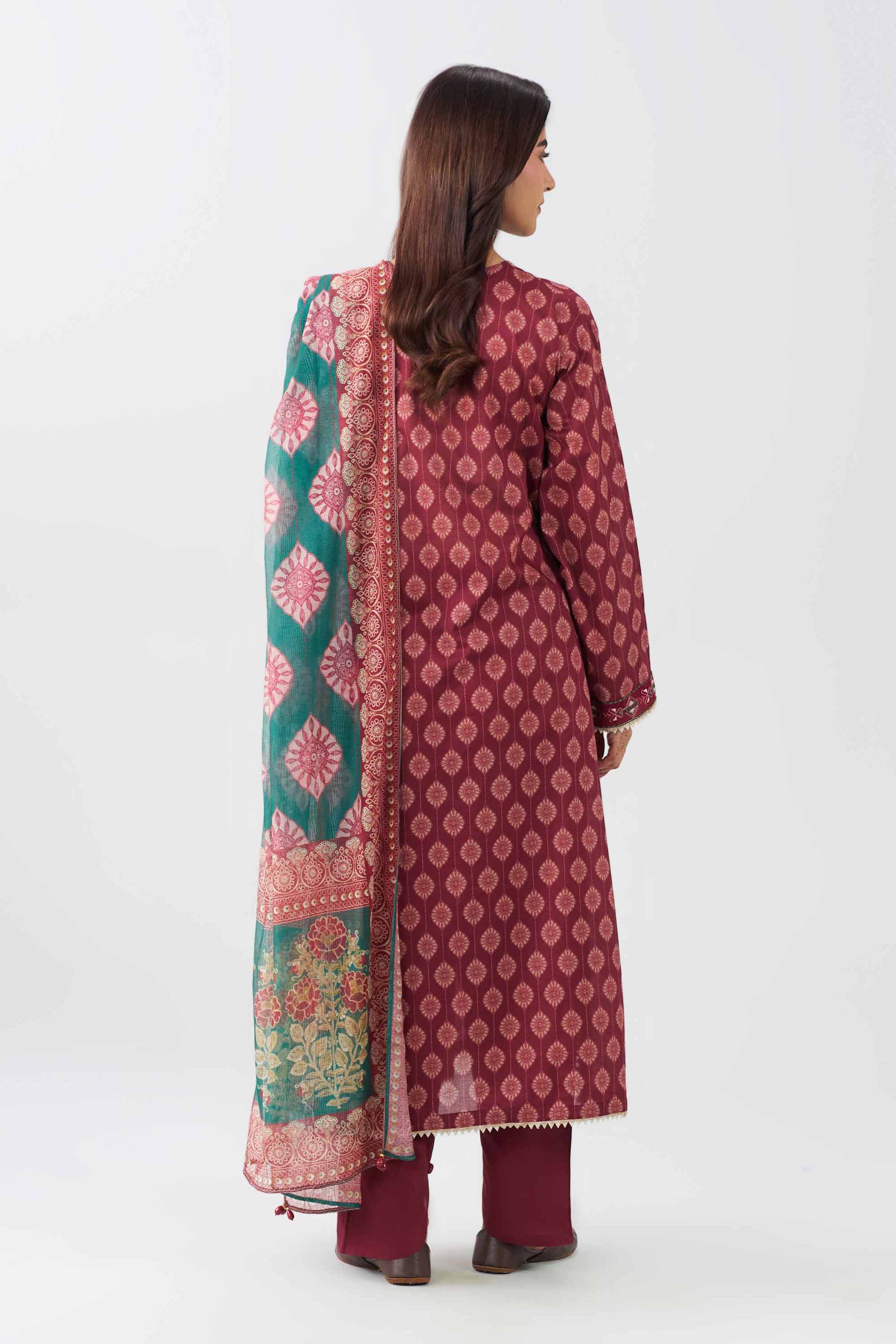 Nishat UK - Red Embroidered Lawn 3 Piece ready to wear Suit