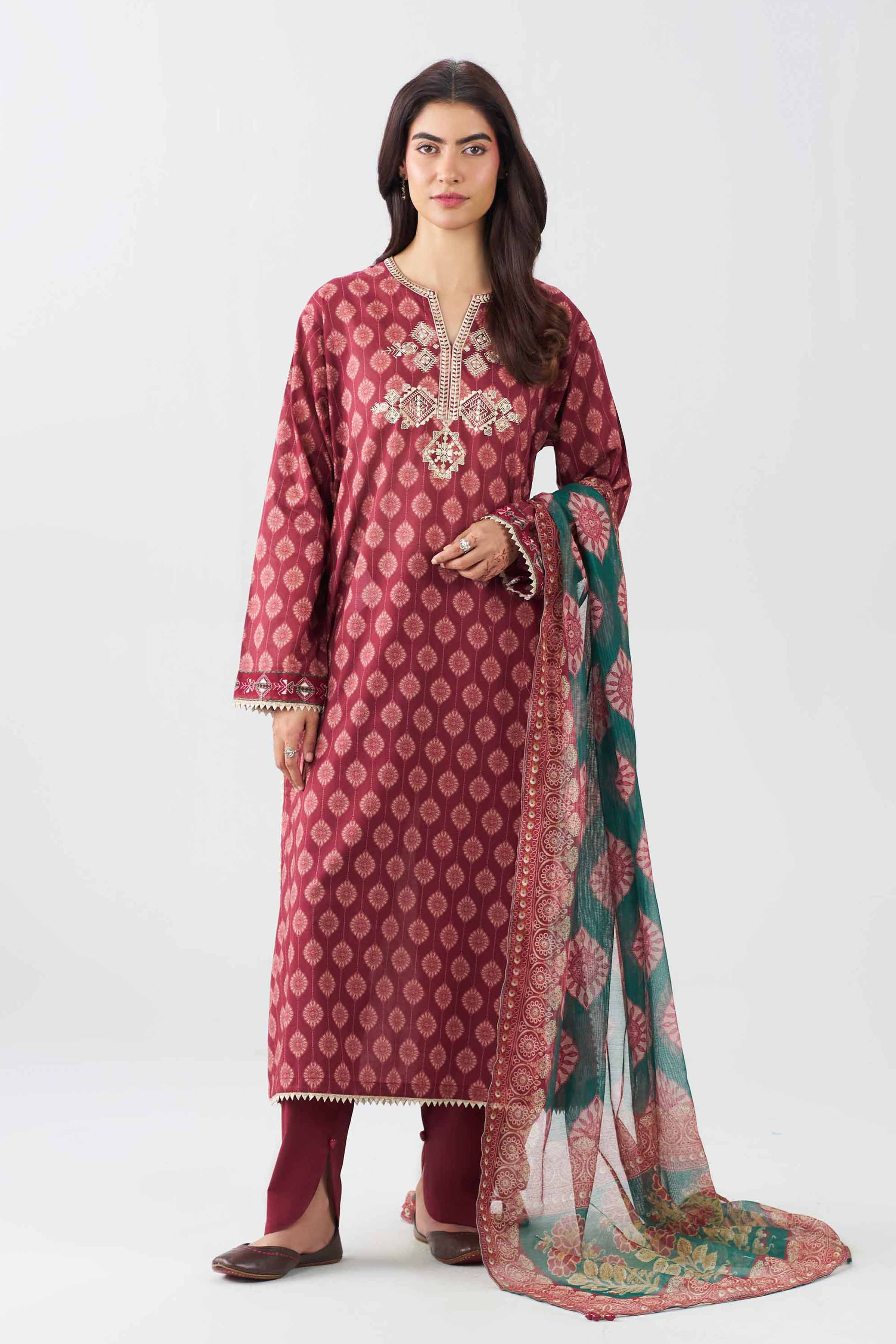 Nishat UK - Red Embroidered Lawn 3 Piece ready to wear Suit