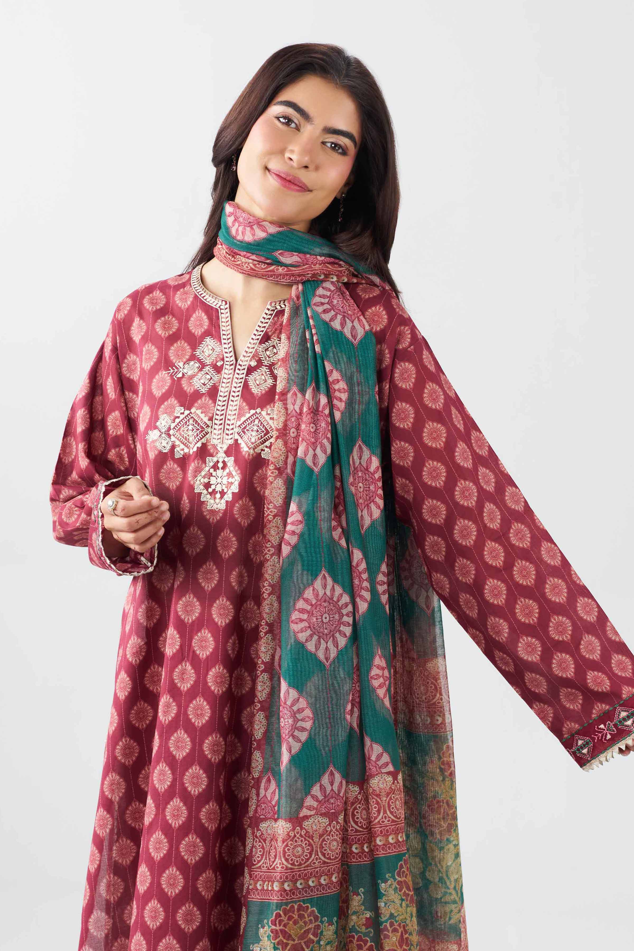 Nishat UK - Red Embroidered Lawn 3 Piece ready to wear Suit