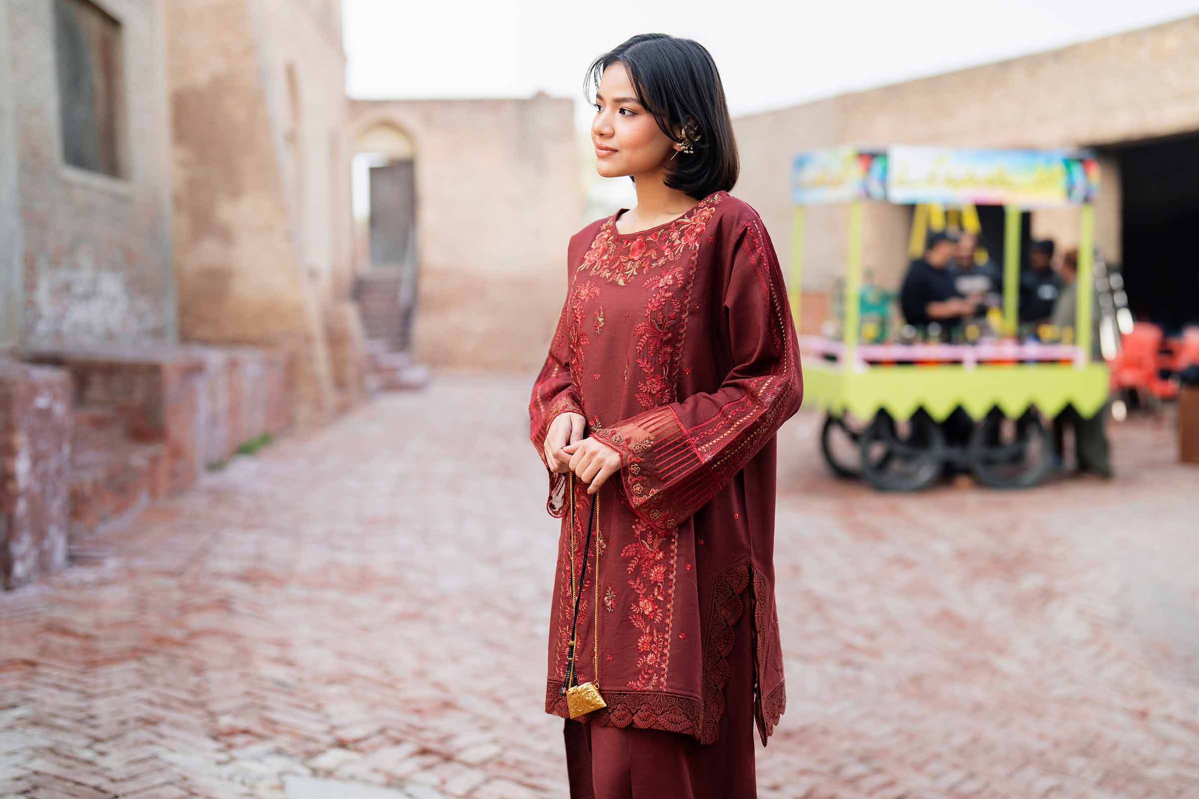NishatUK - Red Embroidered Linen 2-piece ready to wear Dress