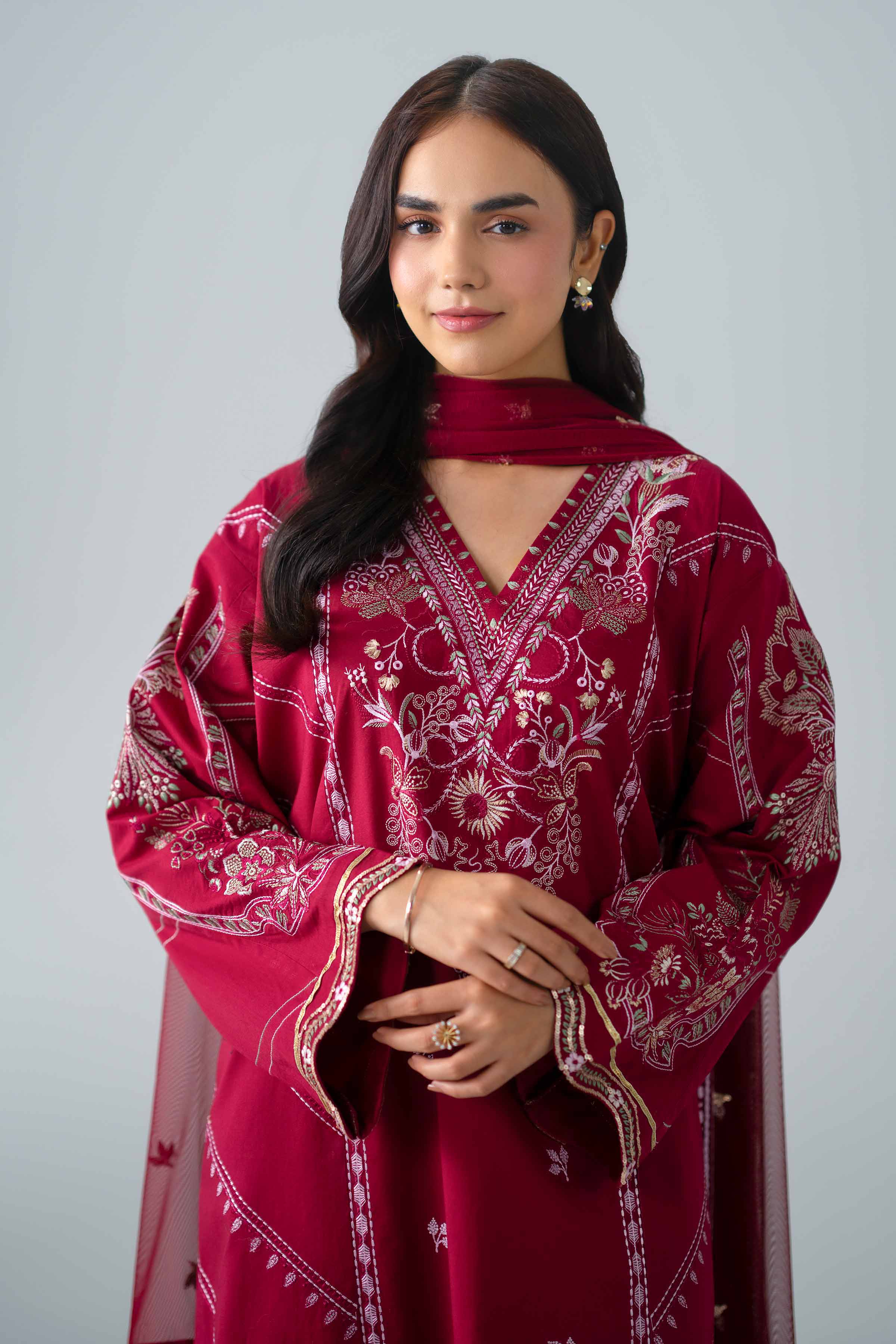 Nishat UK - Red Embroidered Lawn 3 Pieces ready to wear Suit