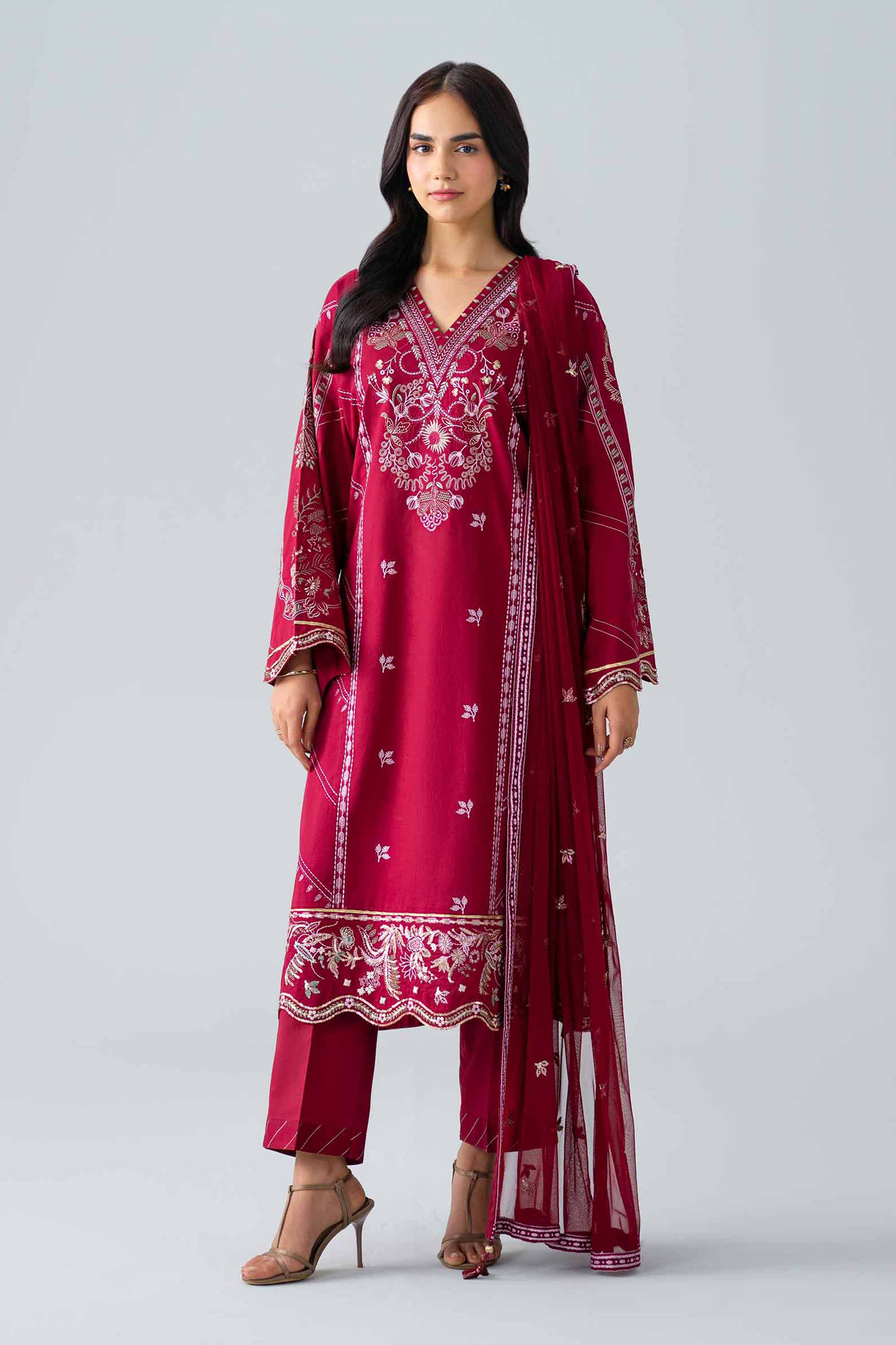 Nishat UK - Red Embroidered Lawn 3 Pieces ready to wear Suit