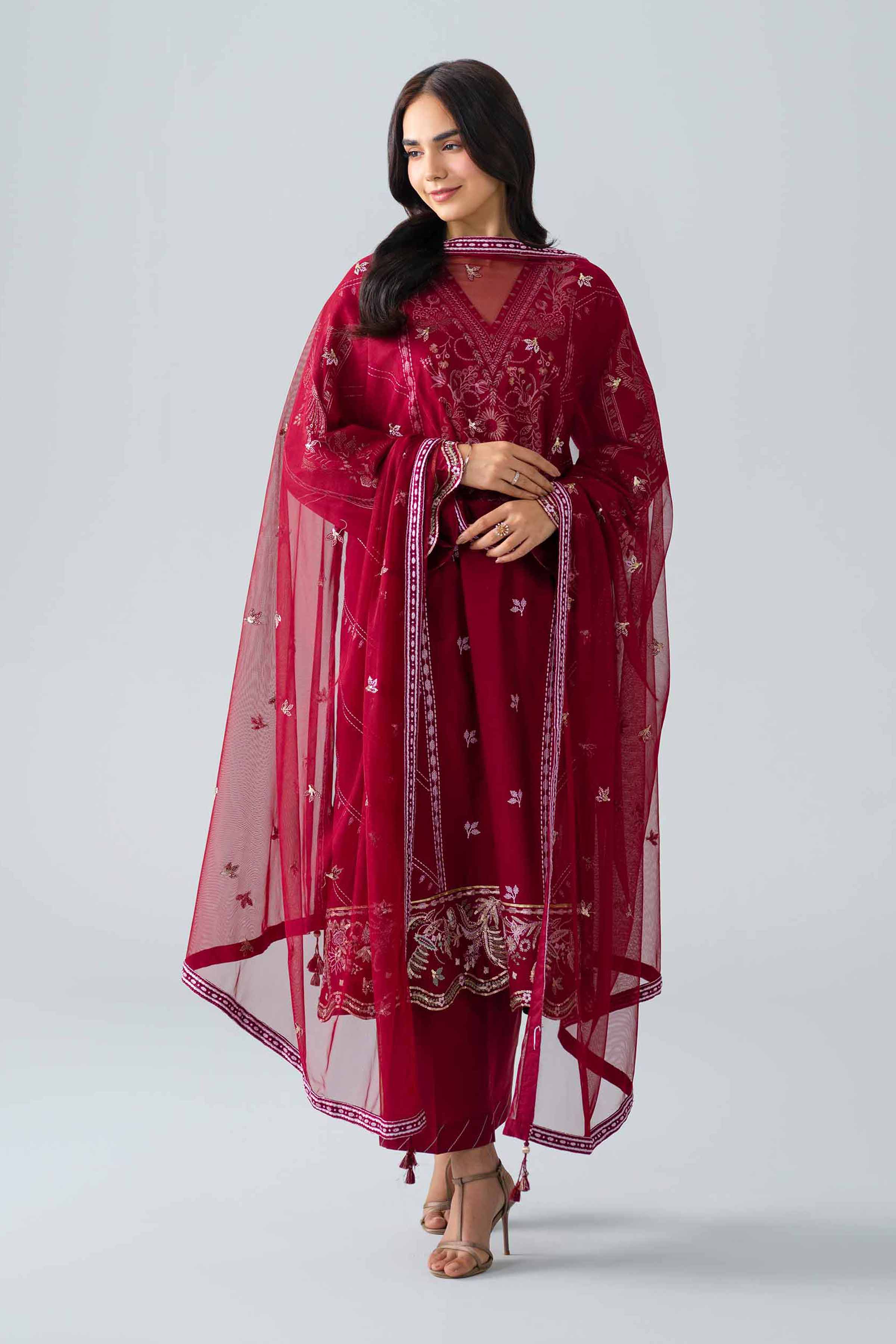 Nishat UK - Red Embroidered Lawn 3 Pieces ready to wear Suit
