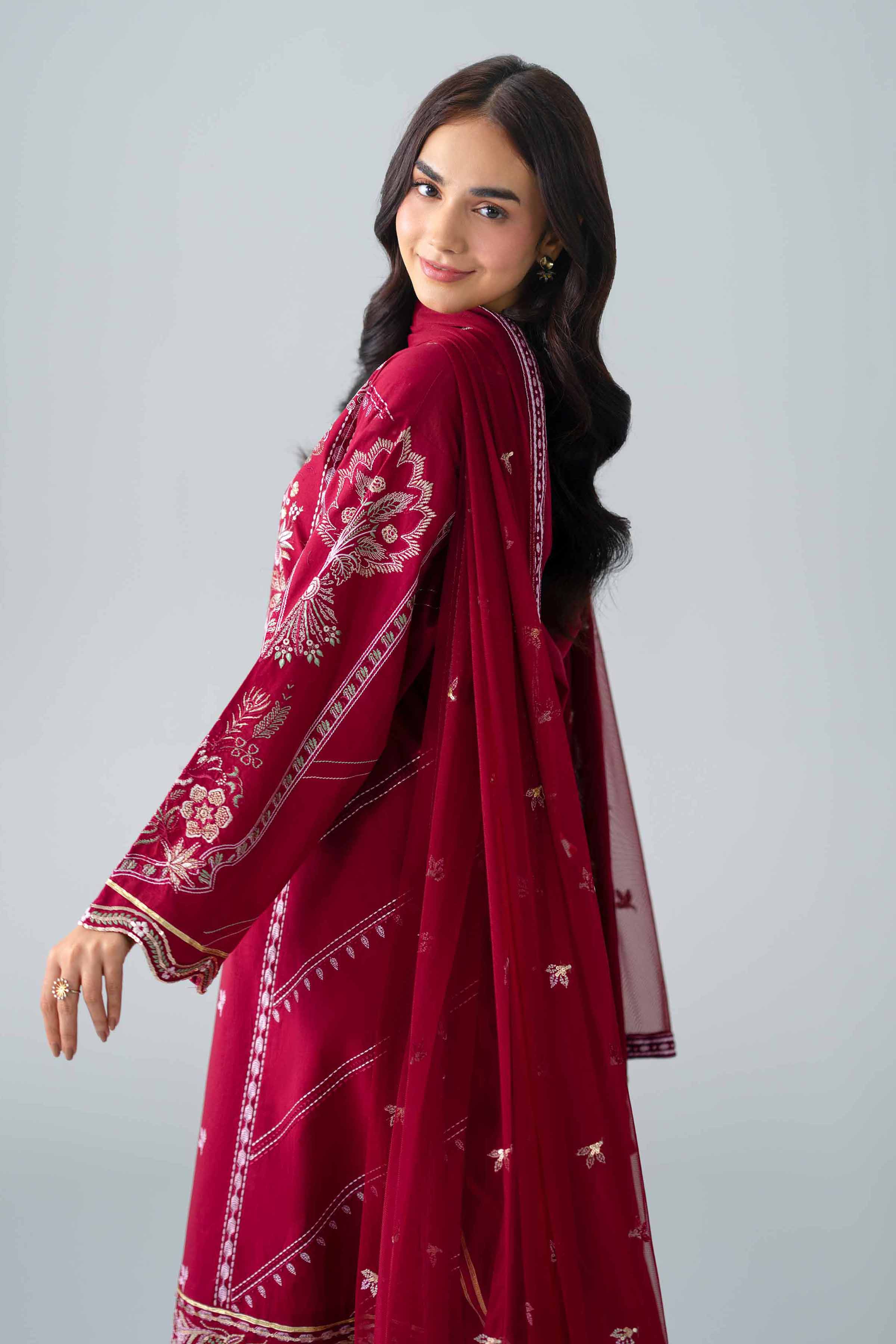 Nishat UK - Red Embroidered Lawn 3 Pieces ready to wear Suit