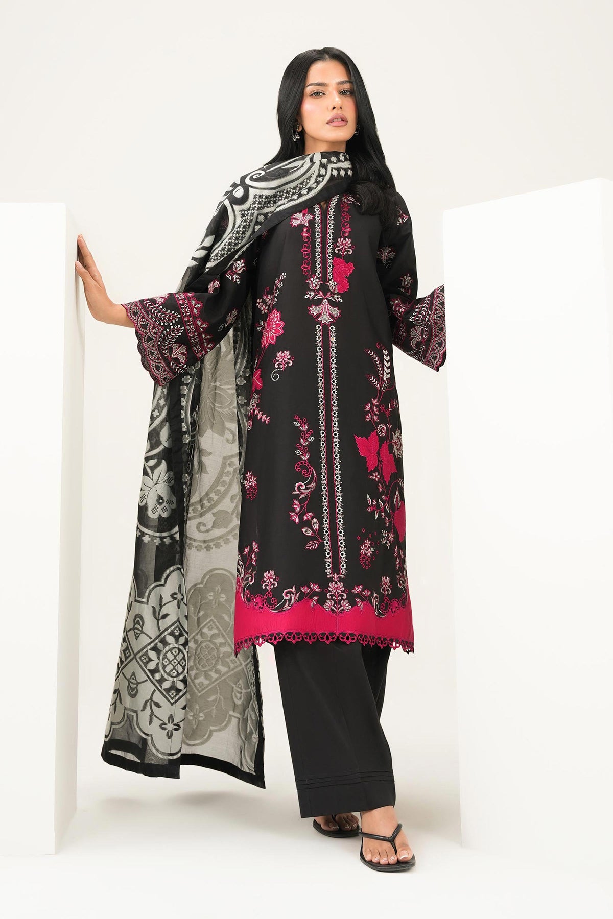 Nishat UK - Black Embroidered Cambric 3 Pieces ready to wear Suit