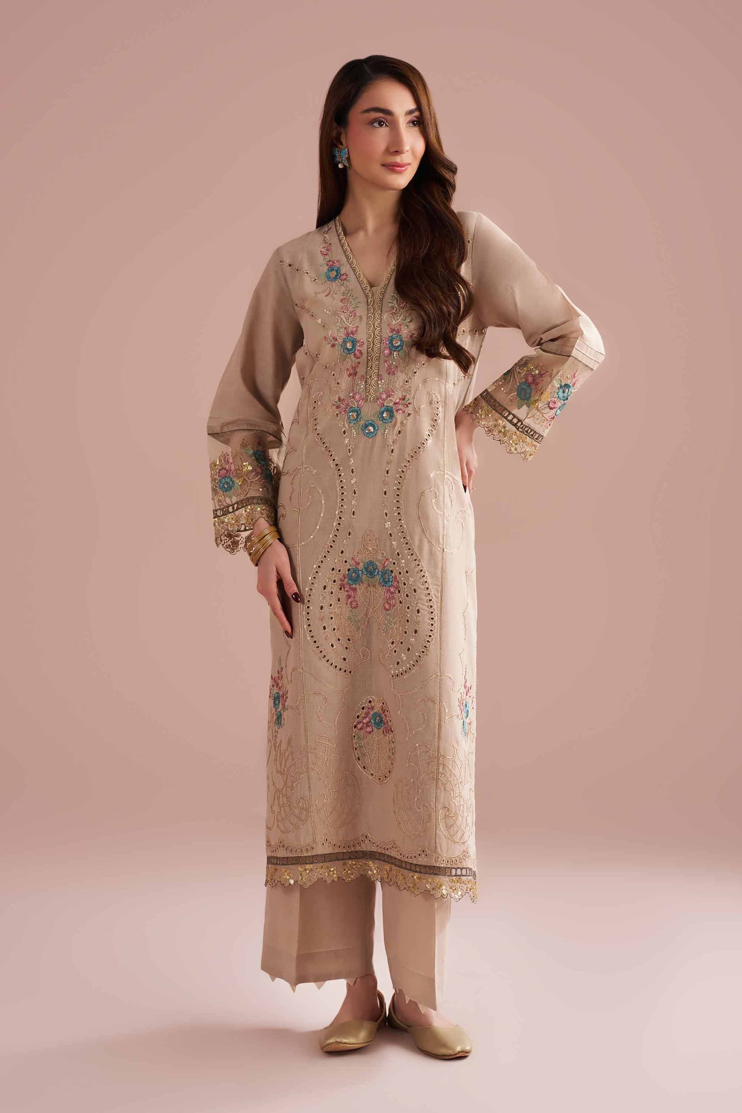 NishatUK - Beige Embroidered  Linen 2-piece ready to wear Dress