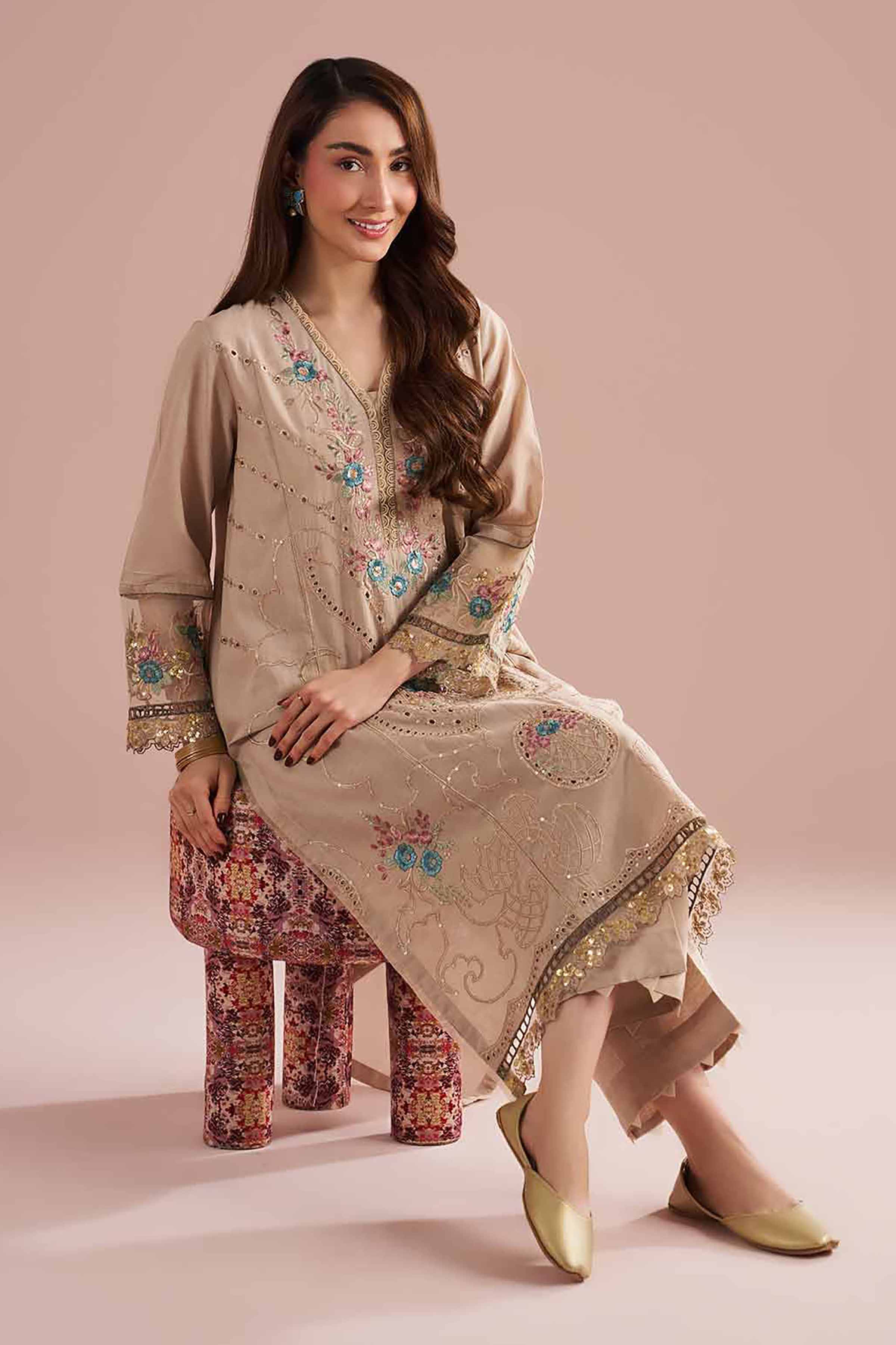 NishatUK - Beige Embroidered  Linen 2-piece ready to wear Dress