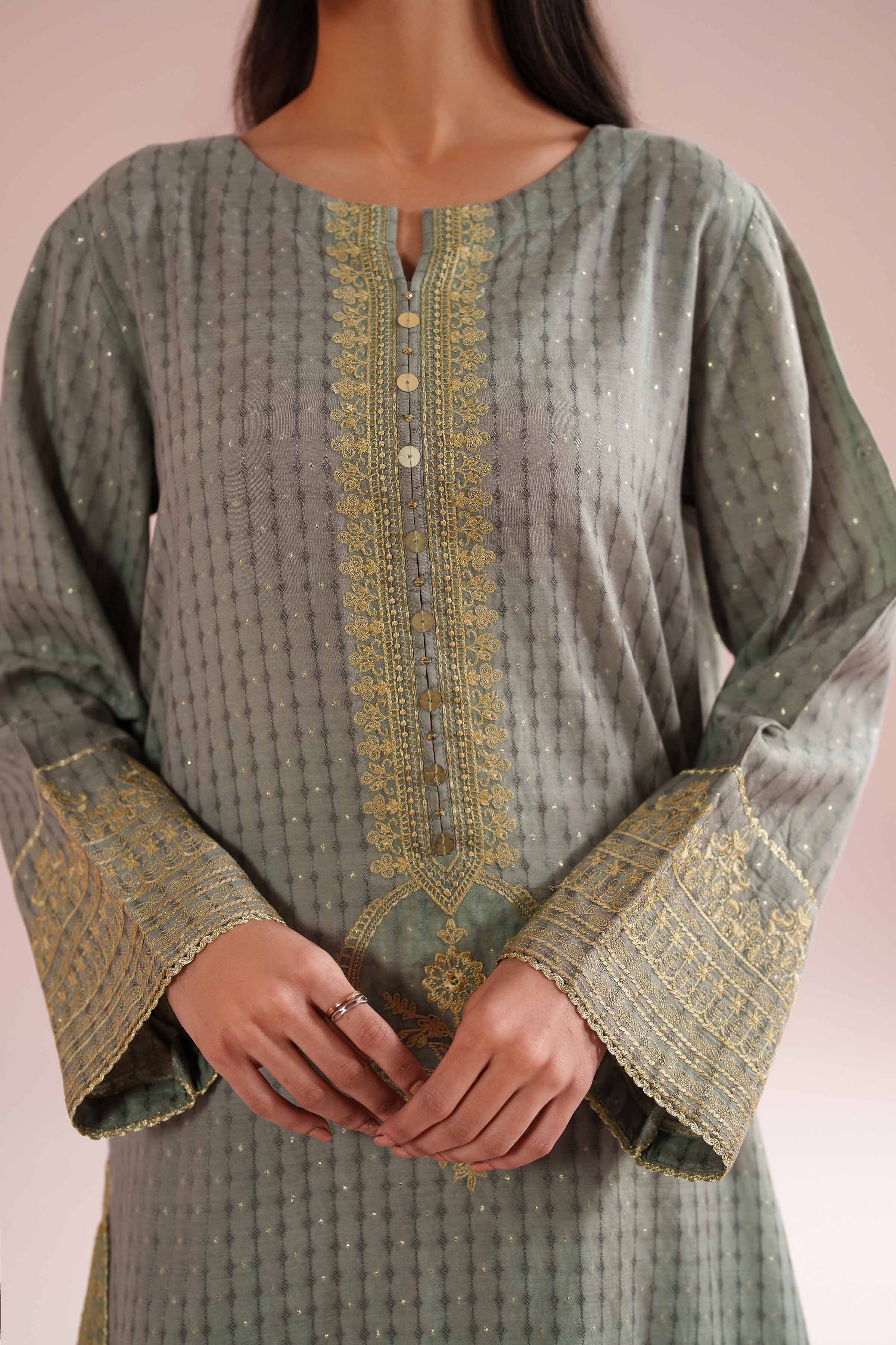 Nishat UK - Green Embroidered Lurex Dyed 2-piece ready to wear Dress