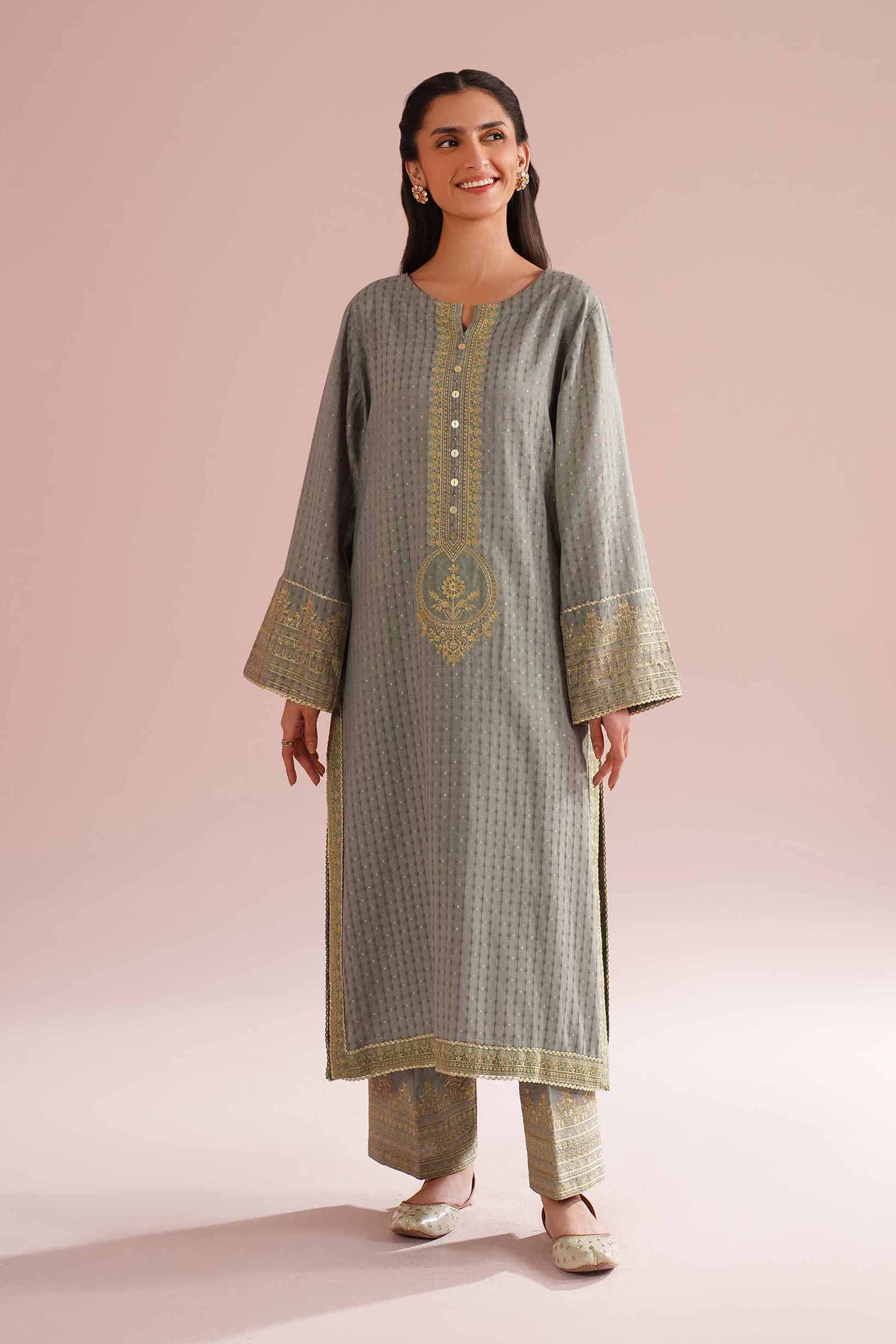 Nishat UK - Green Embroidered Lurex Dyed 2-piece ready to wear Dress
