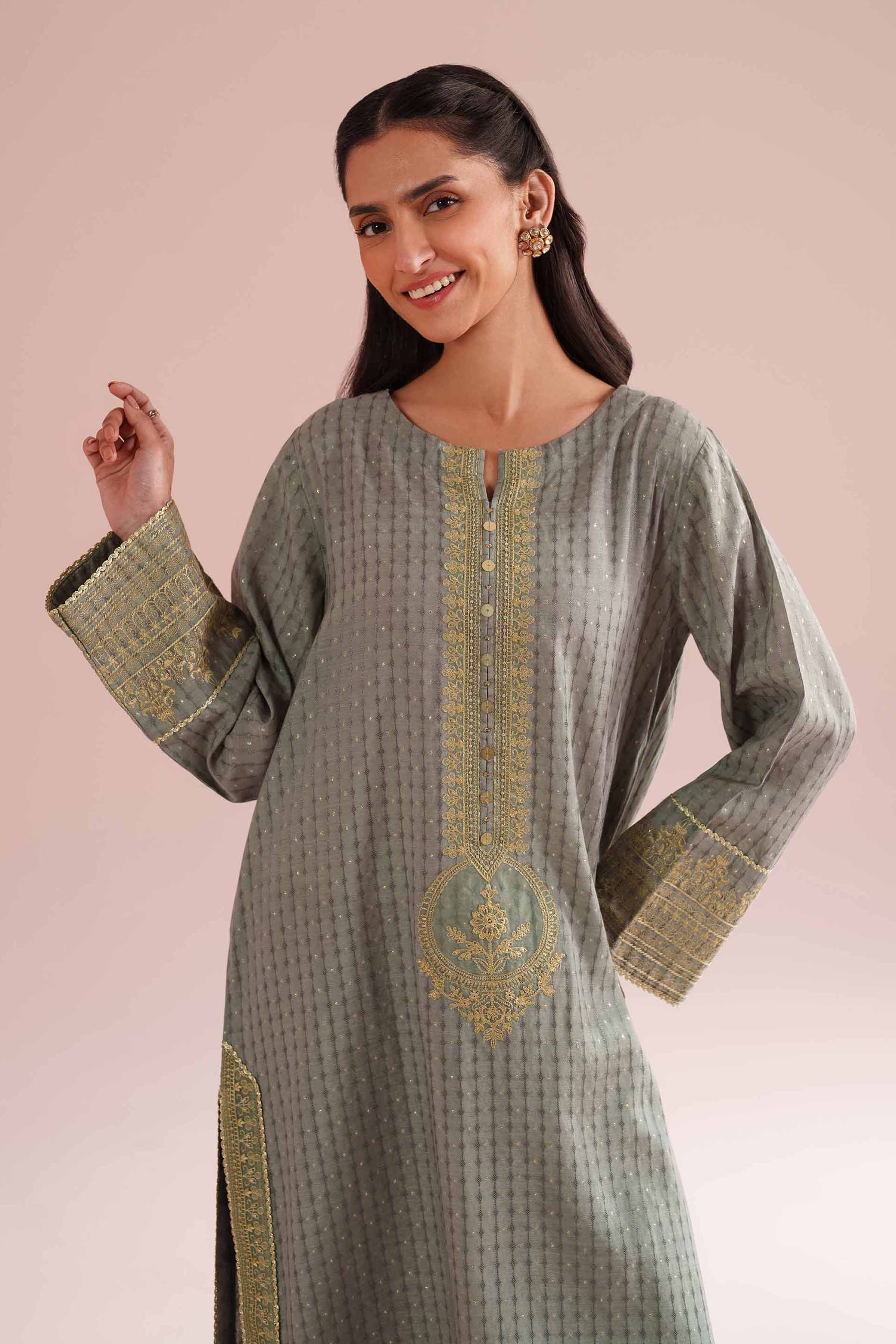 Nishat UK - Green Embroidered Lurex Dyed 2-piece ready to wear Dress