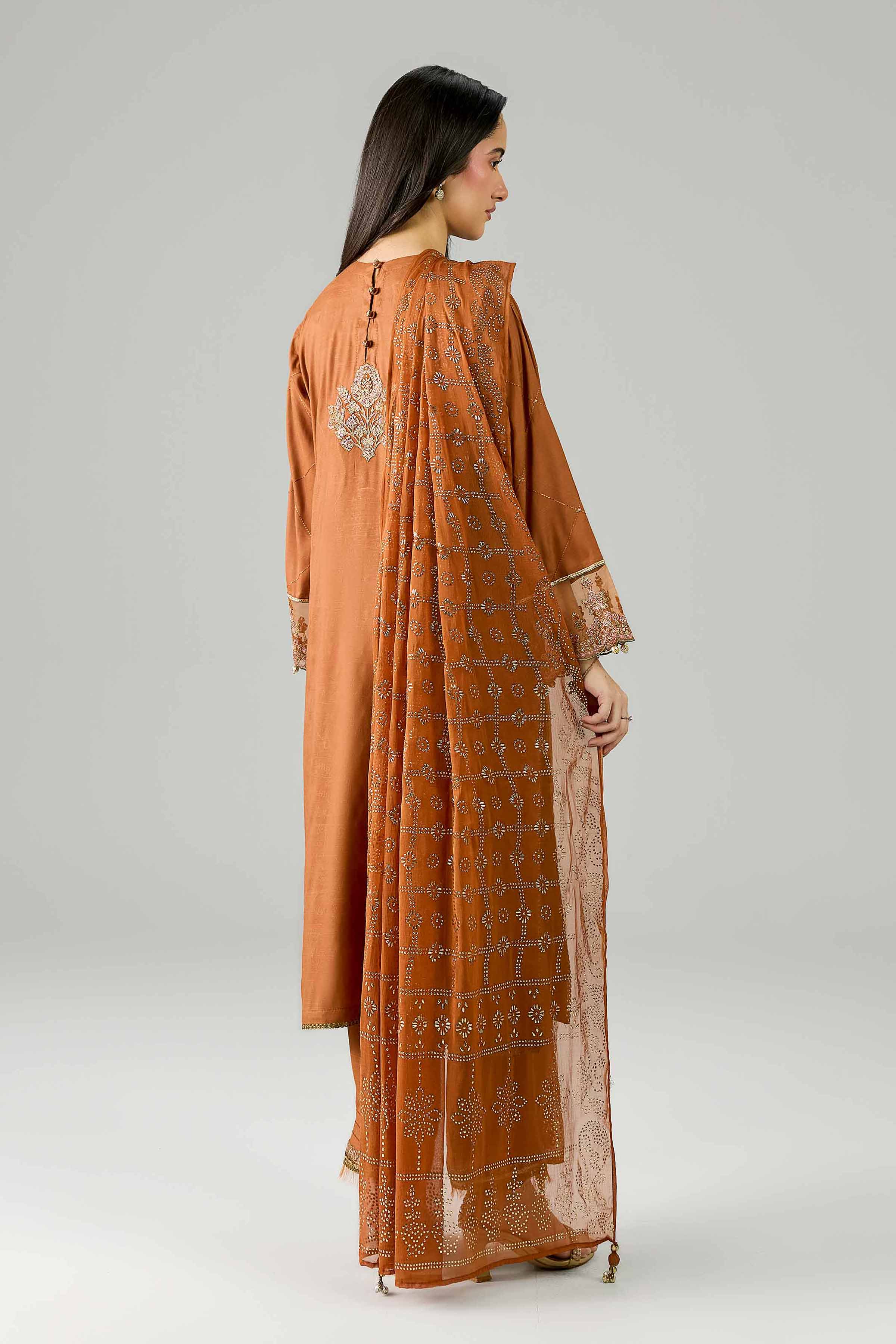 Nishat UK - Orange Embroidered Silk 3 Piece ready to wear Suit