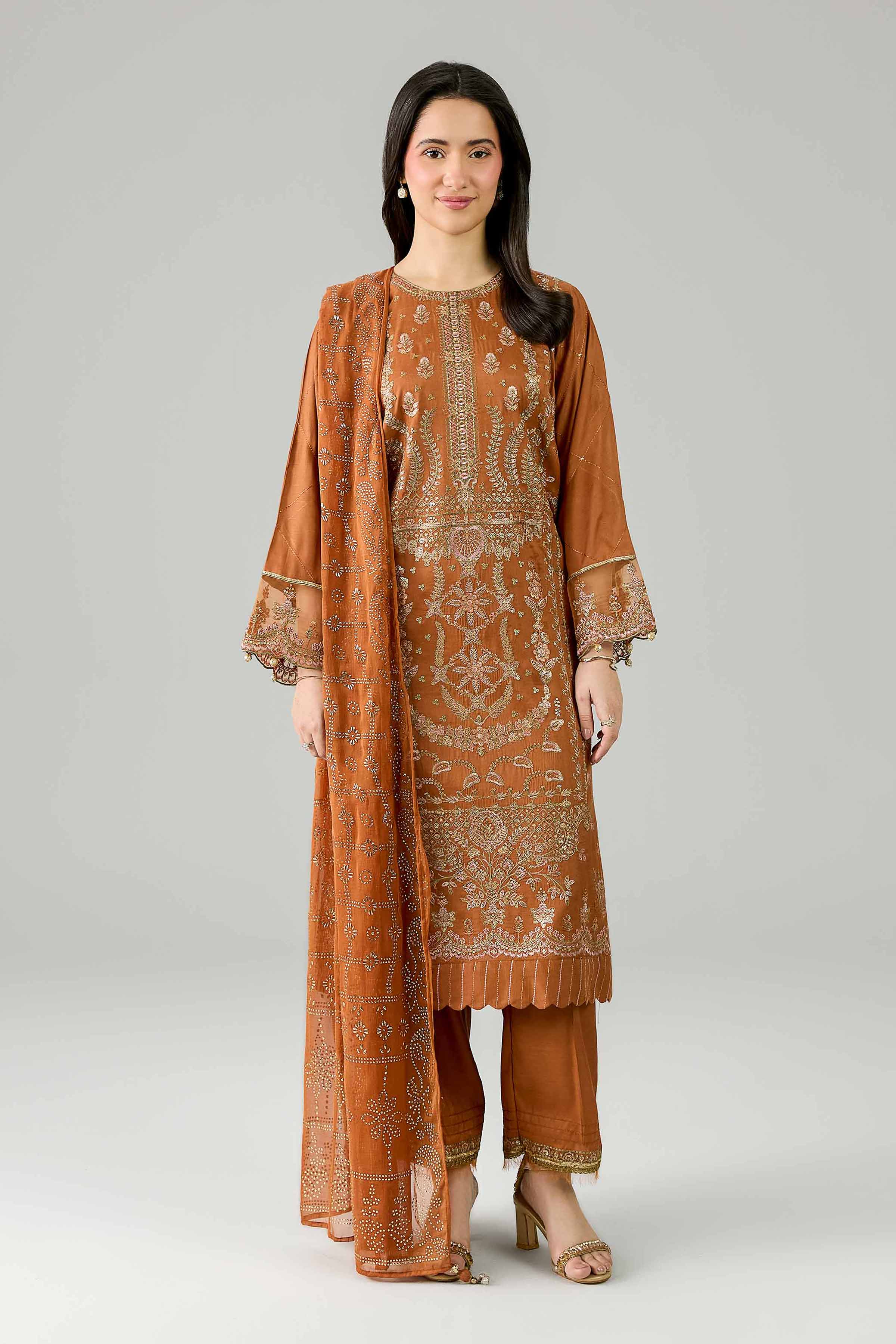 Nishat UK - Orange Embroidered Silk 3 Piece ready to wear Suit