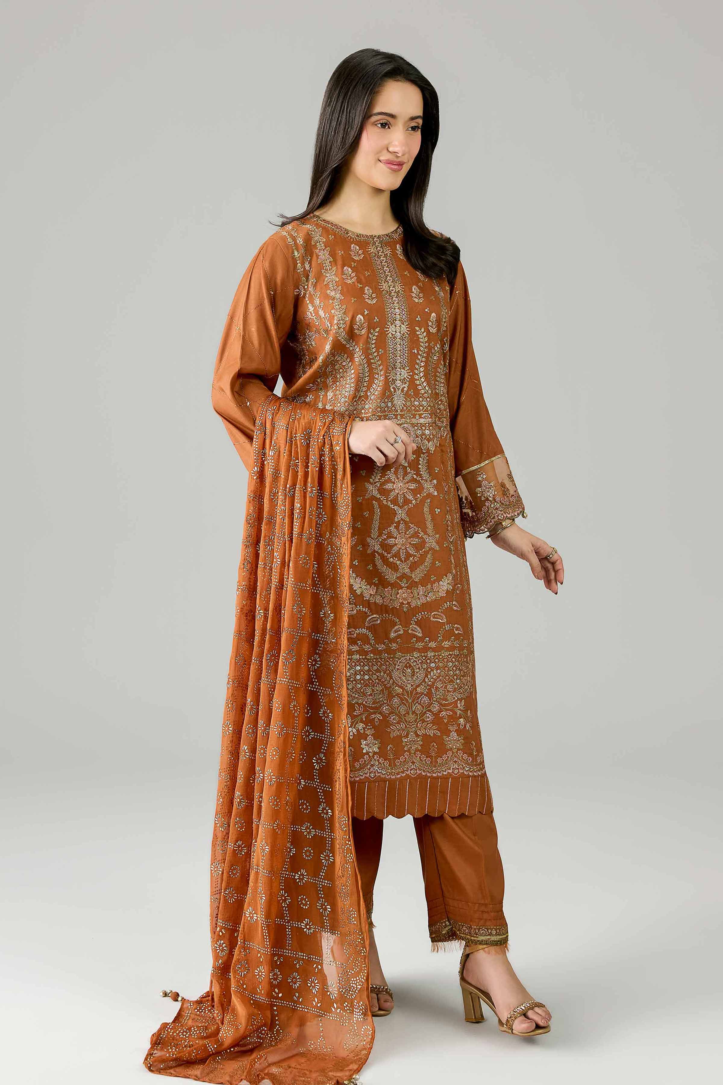 Nishat UK - Orange Embroidered Silk 3 Piece ready to wear Suit