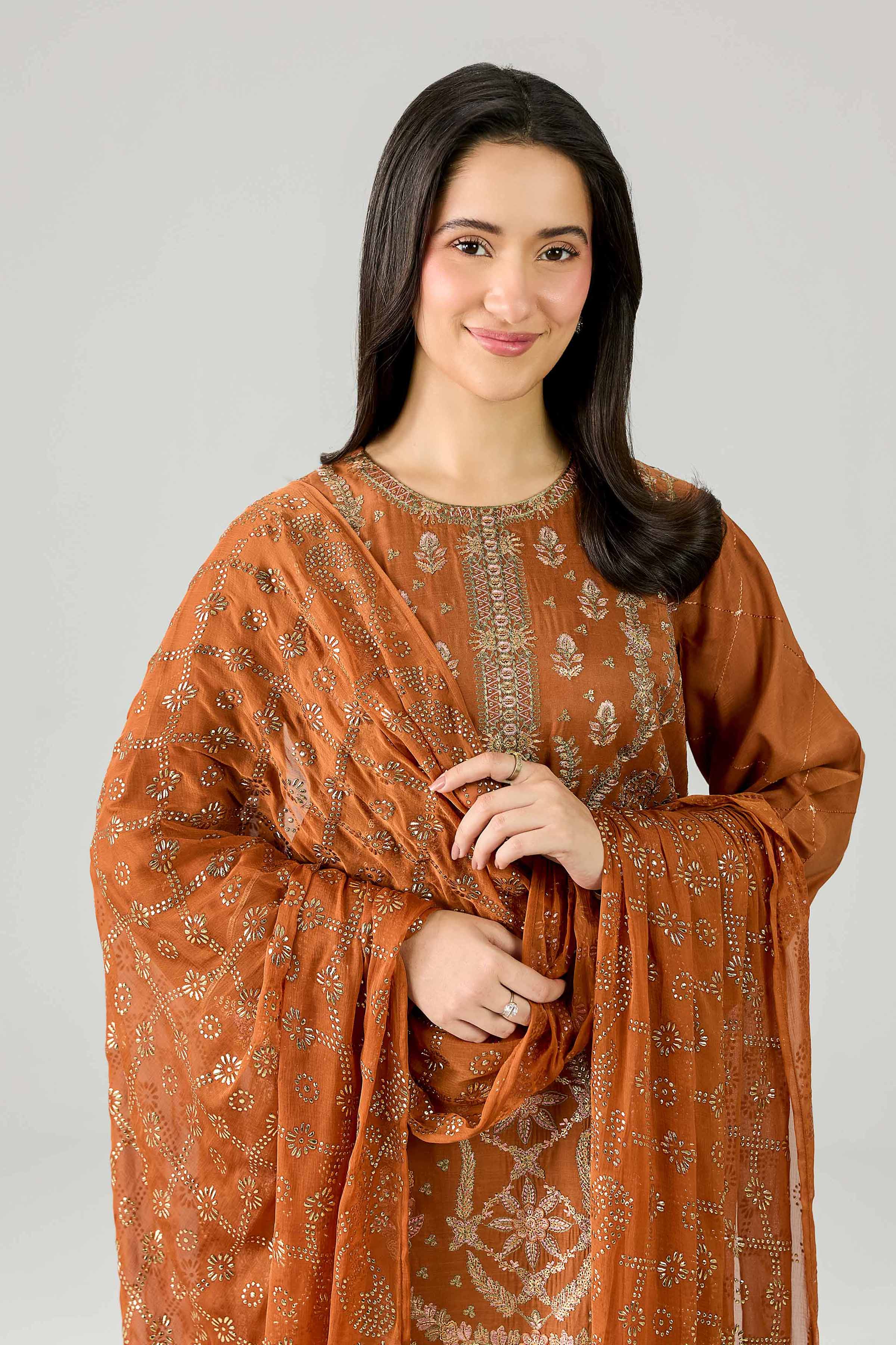 Nishat UK - Orange Embroidered Silk 3 Piece ready to wear Suit