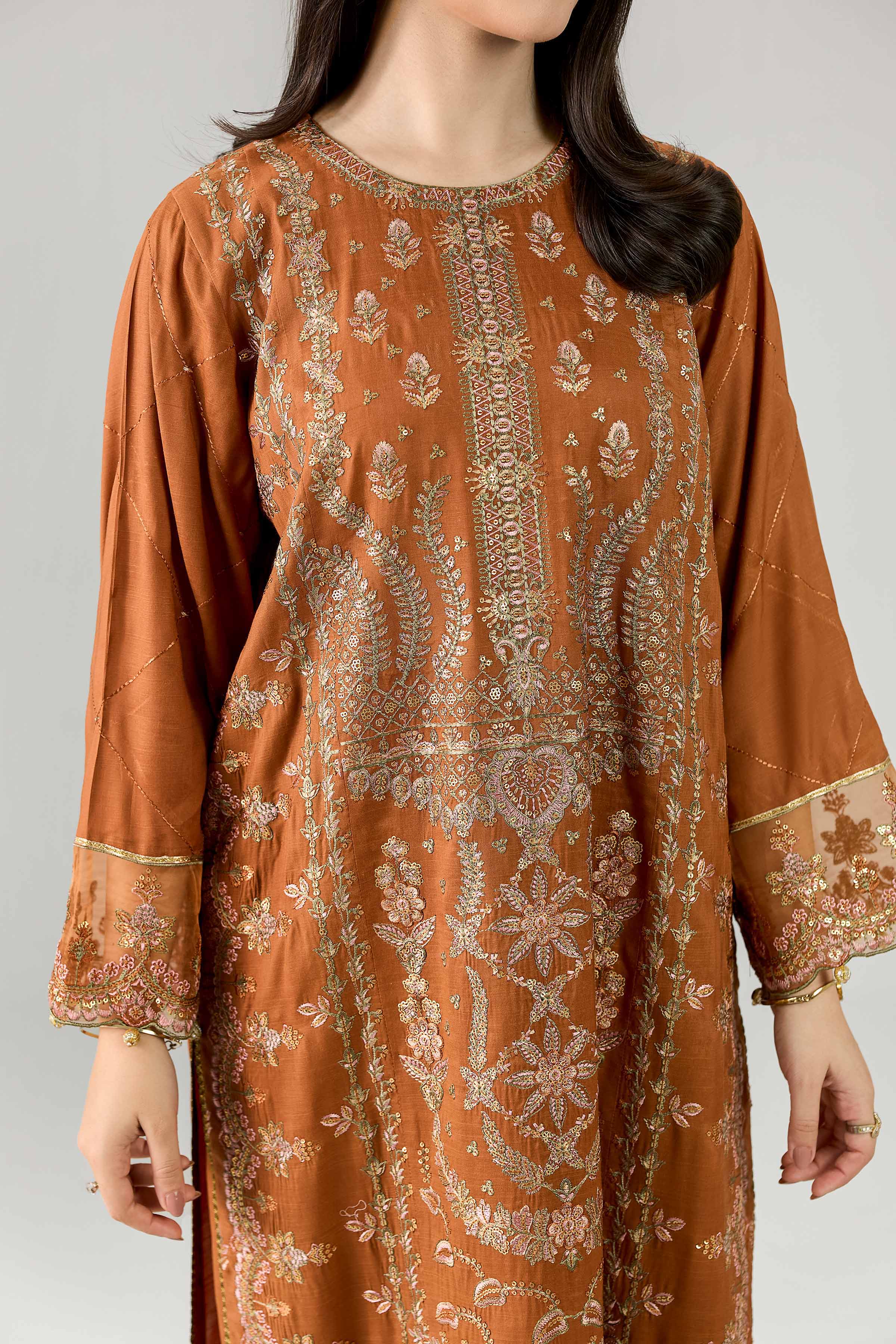 Nishat UK - Orange Embroidered Silk 3 Piece ready to wear Suit