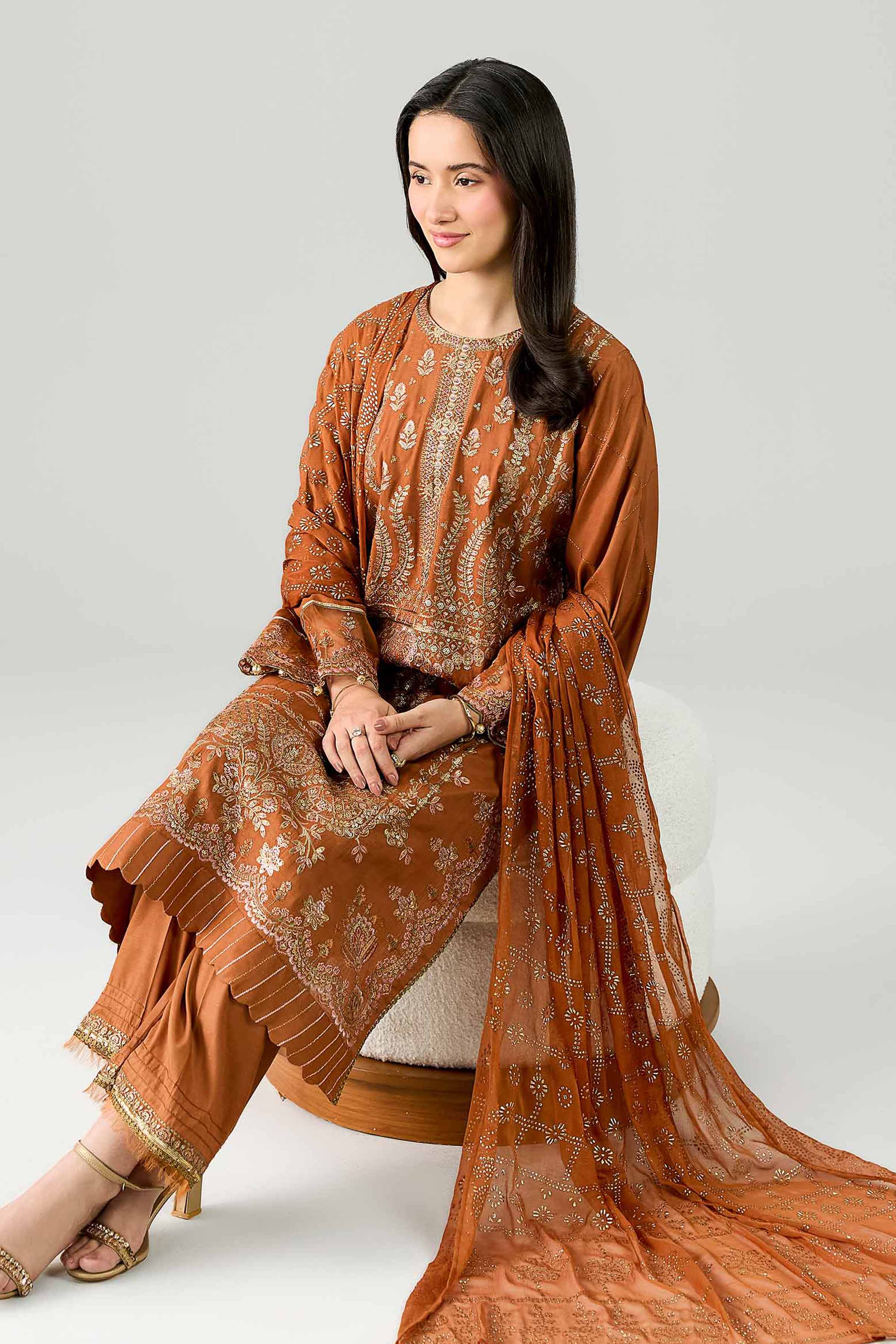 Nishat UK - Orange Embroidered Silk 3 Piece ready to wear Suit