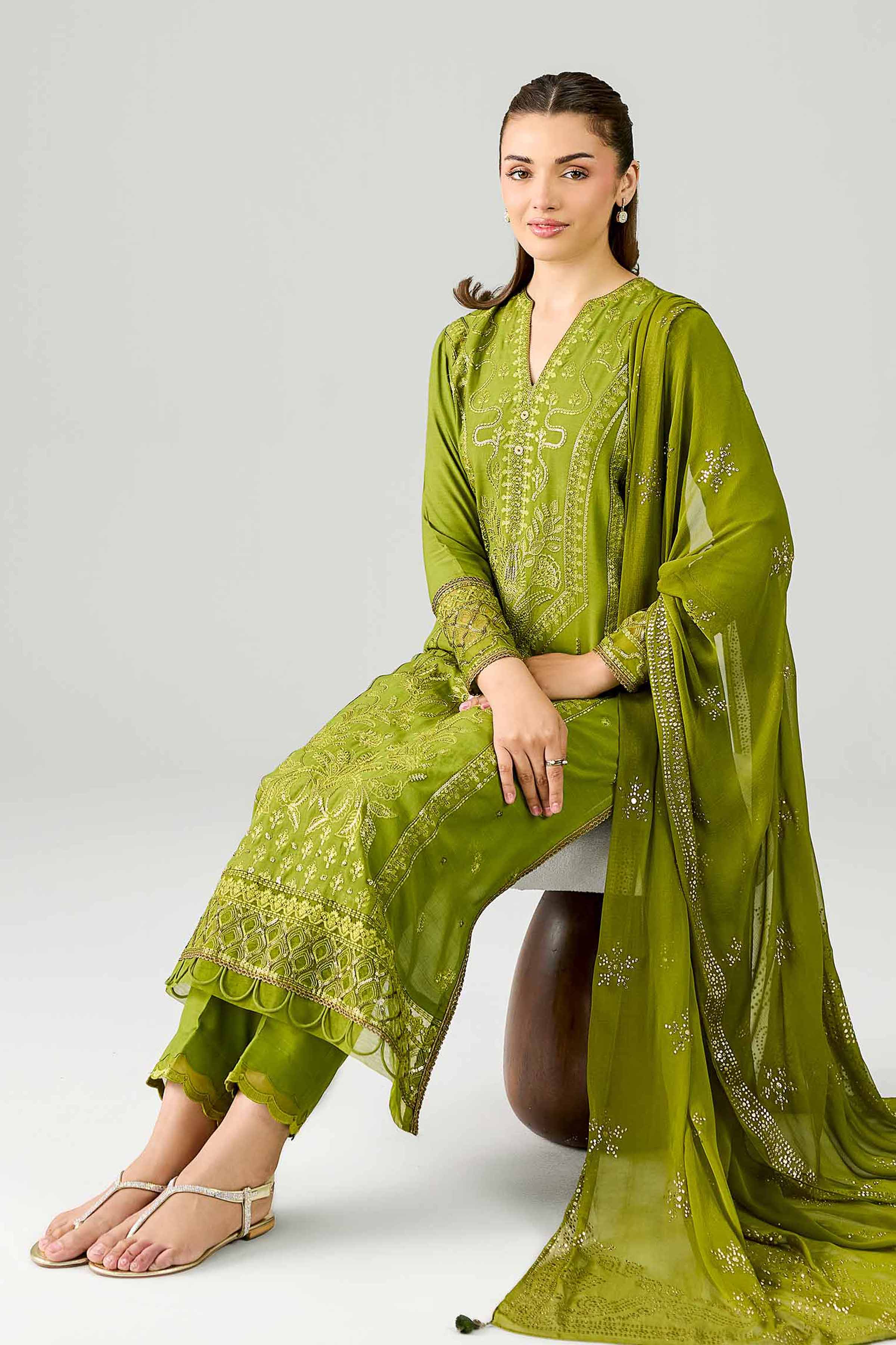 Nishat UK - Green Embroidered Silk 3 Piece ready to wear Suit