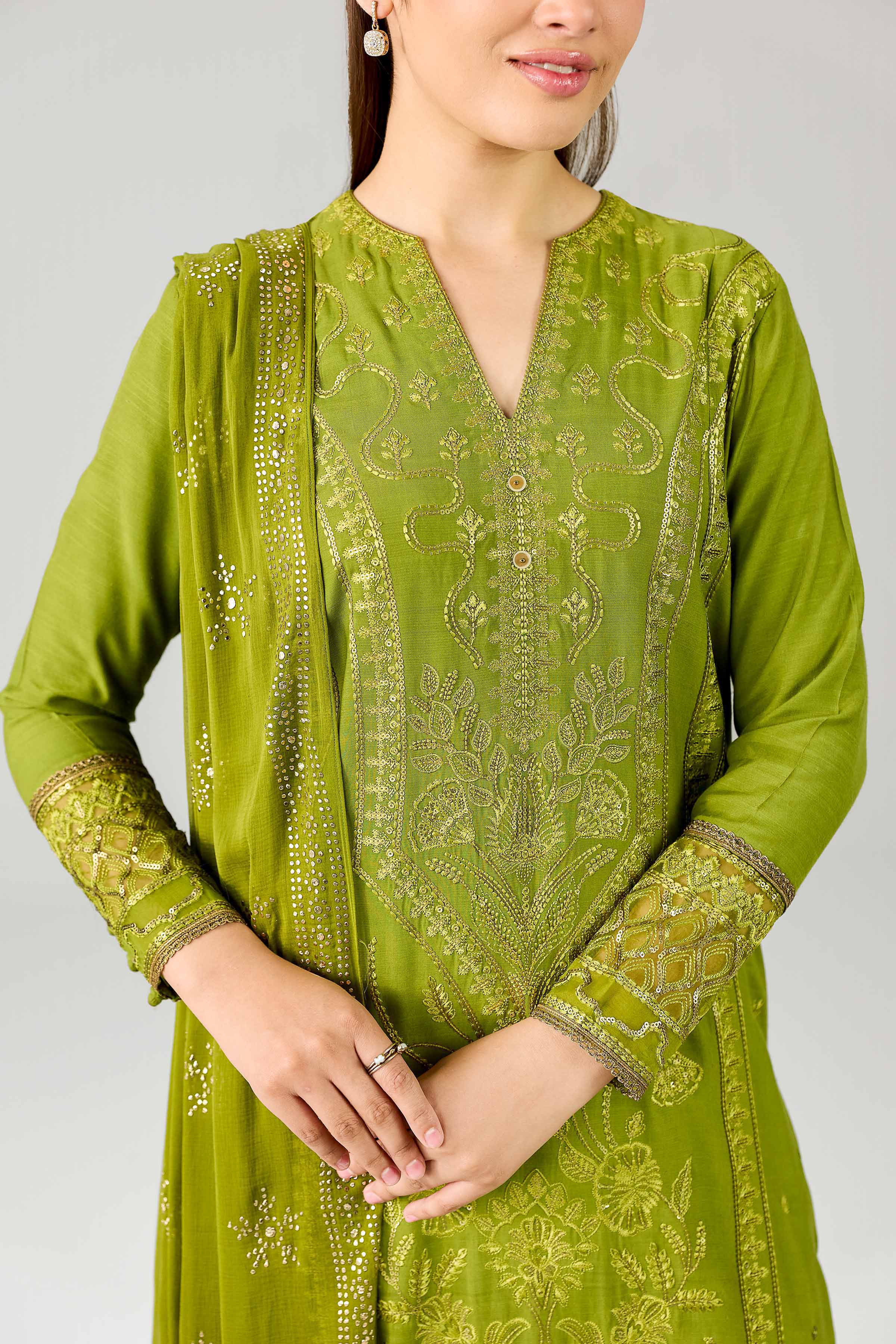 Nishat UK - Green Embroidered Silk 3 Piece ready to wear Suit