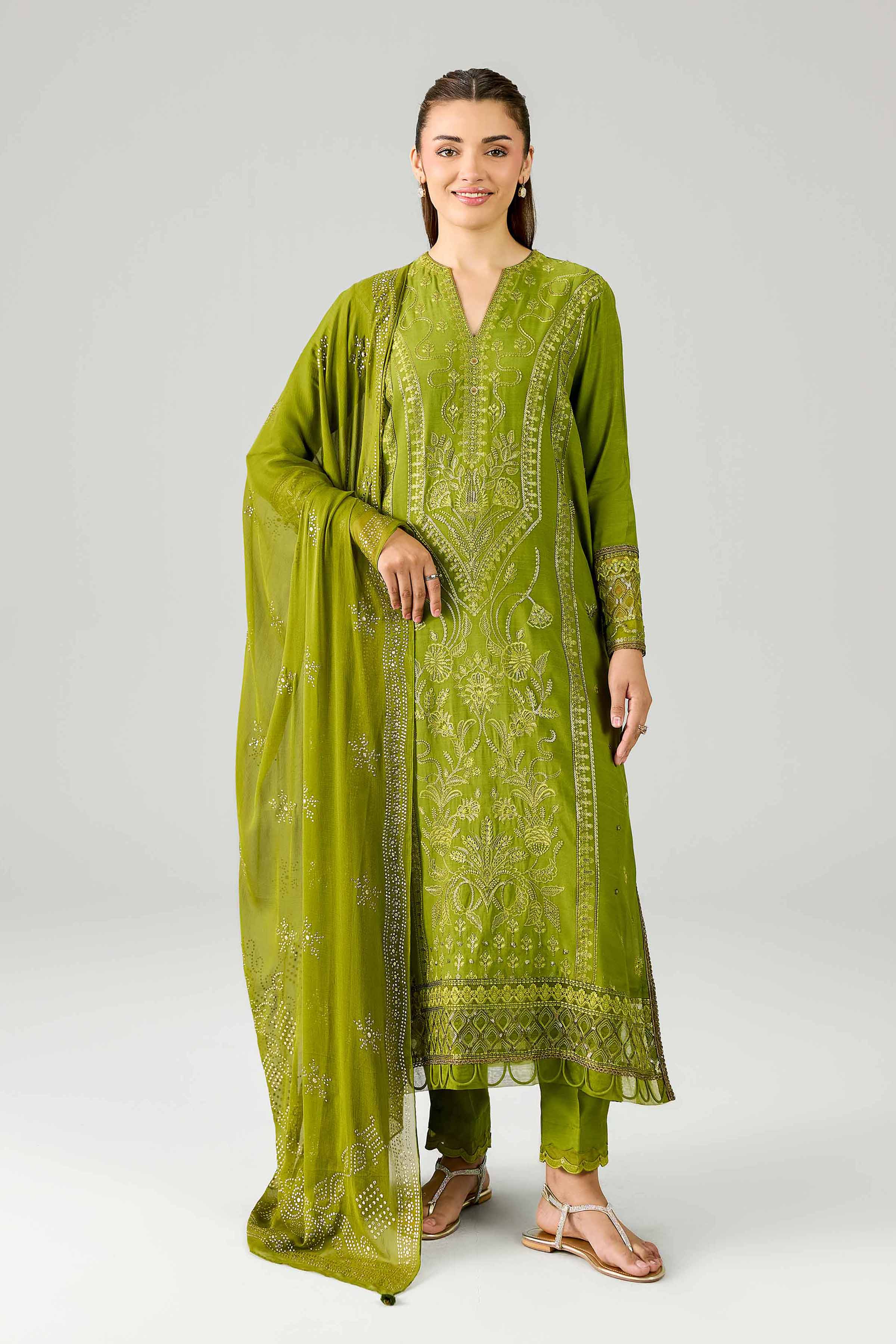 Nishat UK - Green Embroidered Silk 3 Piece ready to wear Suit