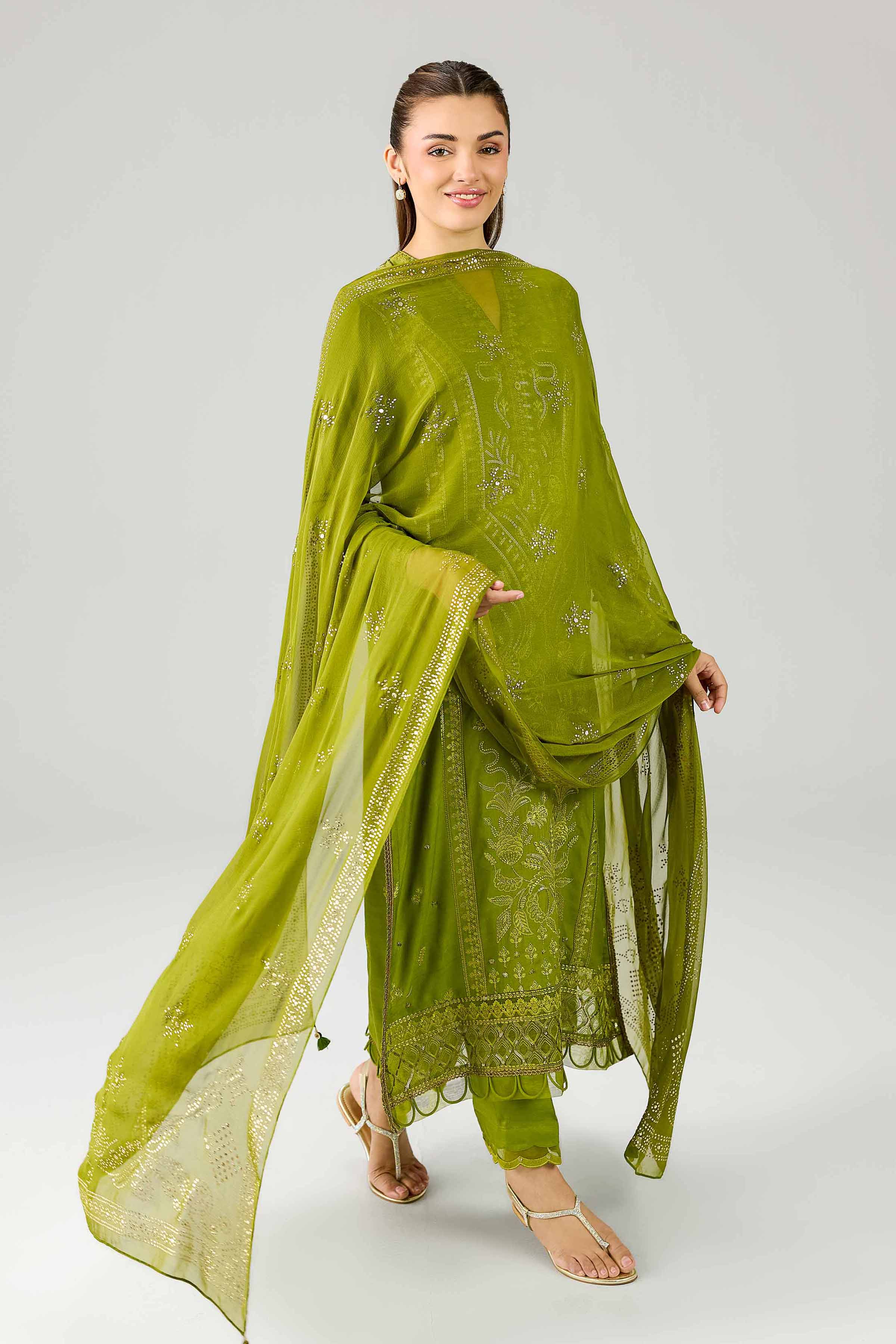 Nishat UK - Green Embroidered Silk 3 Piece ready to wear Suit